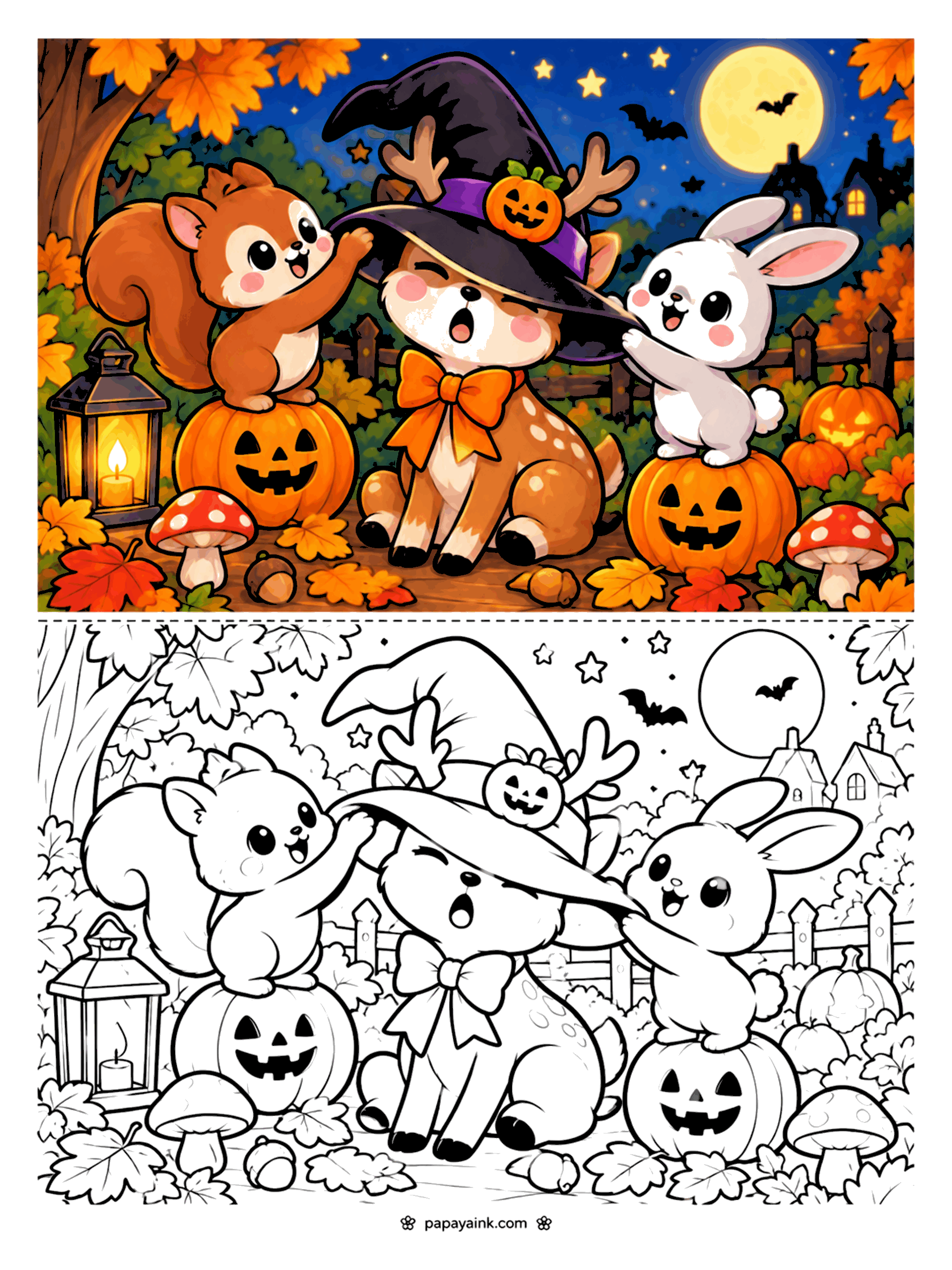 Easy Cute Halloween Coloring Pages - Squirrel and bunny pulling a giant witch hat over a sleepy fawn's eyes