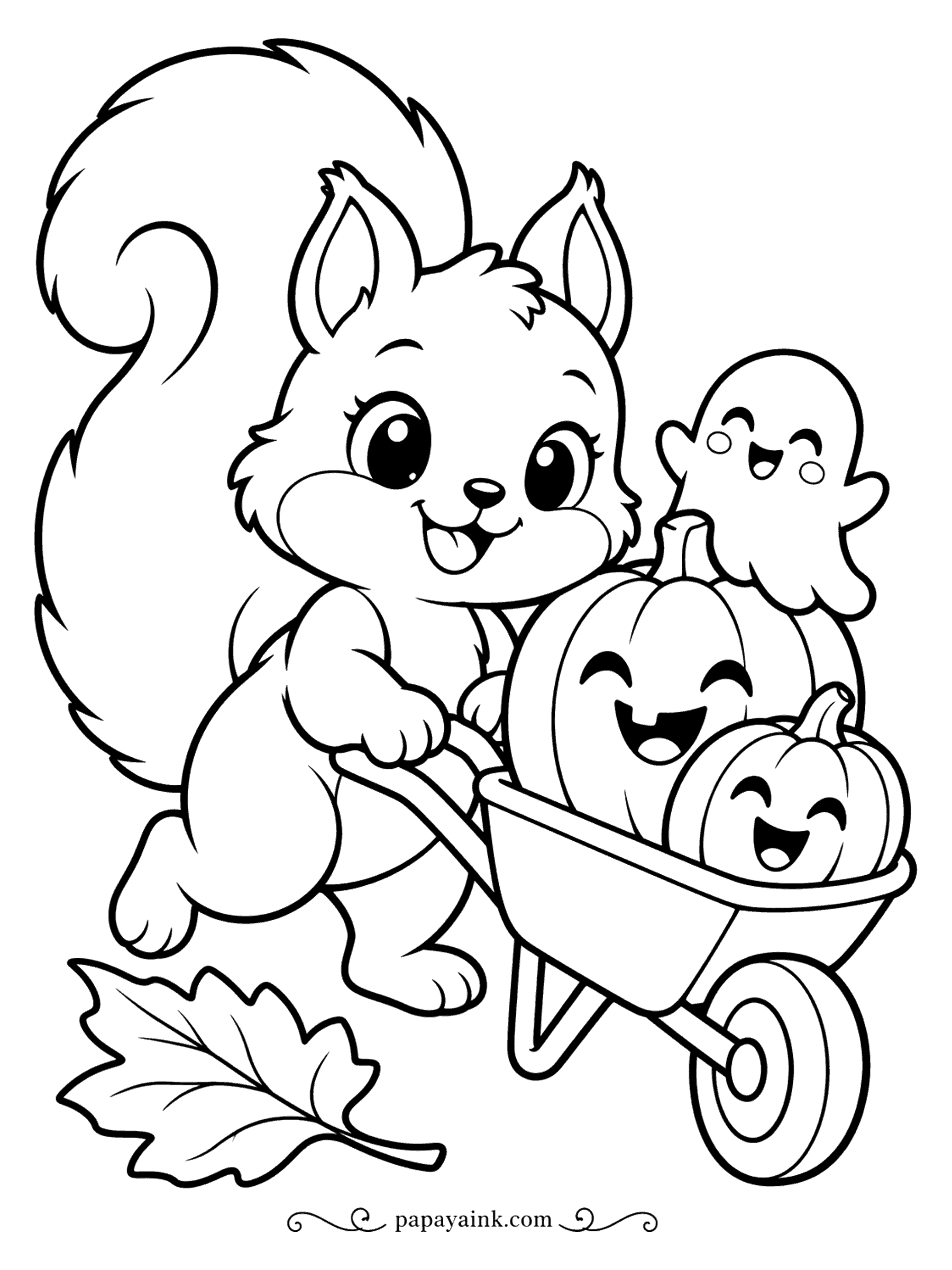 Easy Cute Halloween Coloring Pages - Wheelbarrow duty: the squirrel pushes a load of grinning pumpkins down the path while a ghost rides on top. One big maple leaf on the ground. The bushy tail is the largest shape here, so start there.