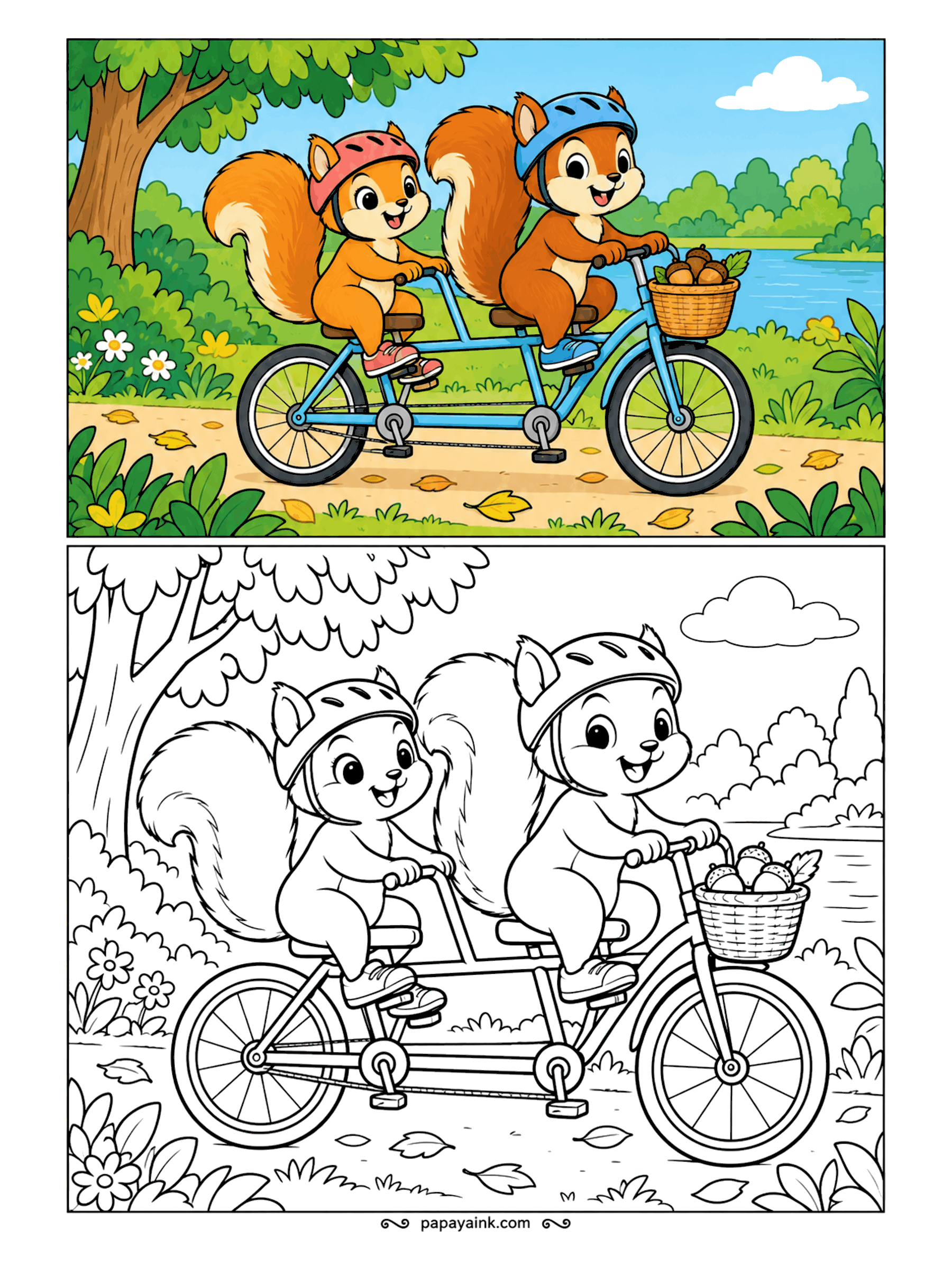 Copy Coloring Pages - Built for two, pedaled mostly by the one in front. The squirrels ride a tandem bike along a riverside trail with a basket of acorns on the handlebars. Bushy tails, small helmets and autumn leaves on the path.