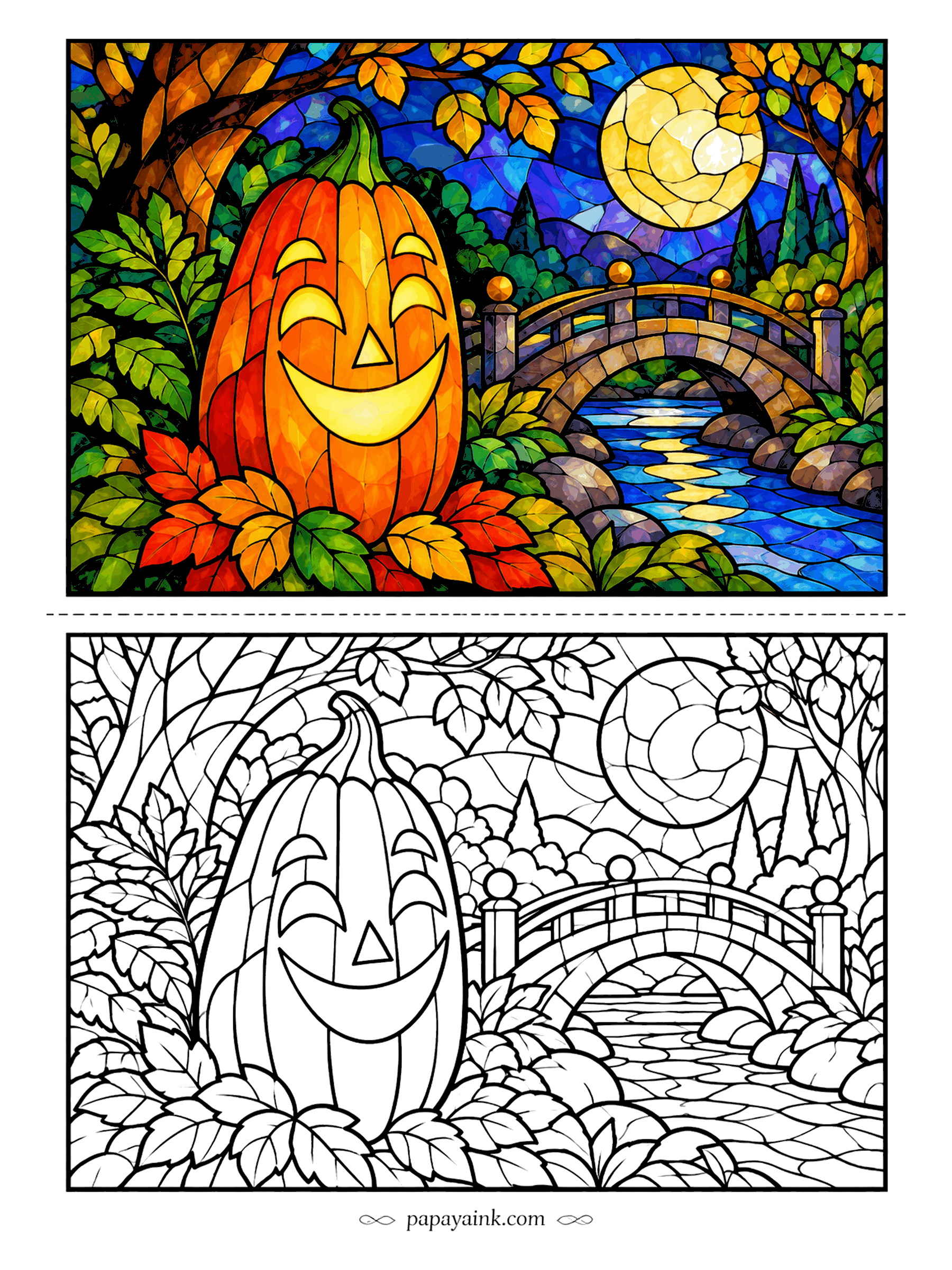 Pumpkin Coloring Pages - A tall jack-o'-lantern glows like a lamp in a church window, with an arched stone bridge crossing a moonlit stream beside it. Detailed - give each glass piece its own shade, deep blues behind and warm oranges in front.
