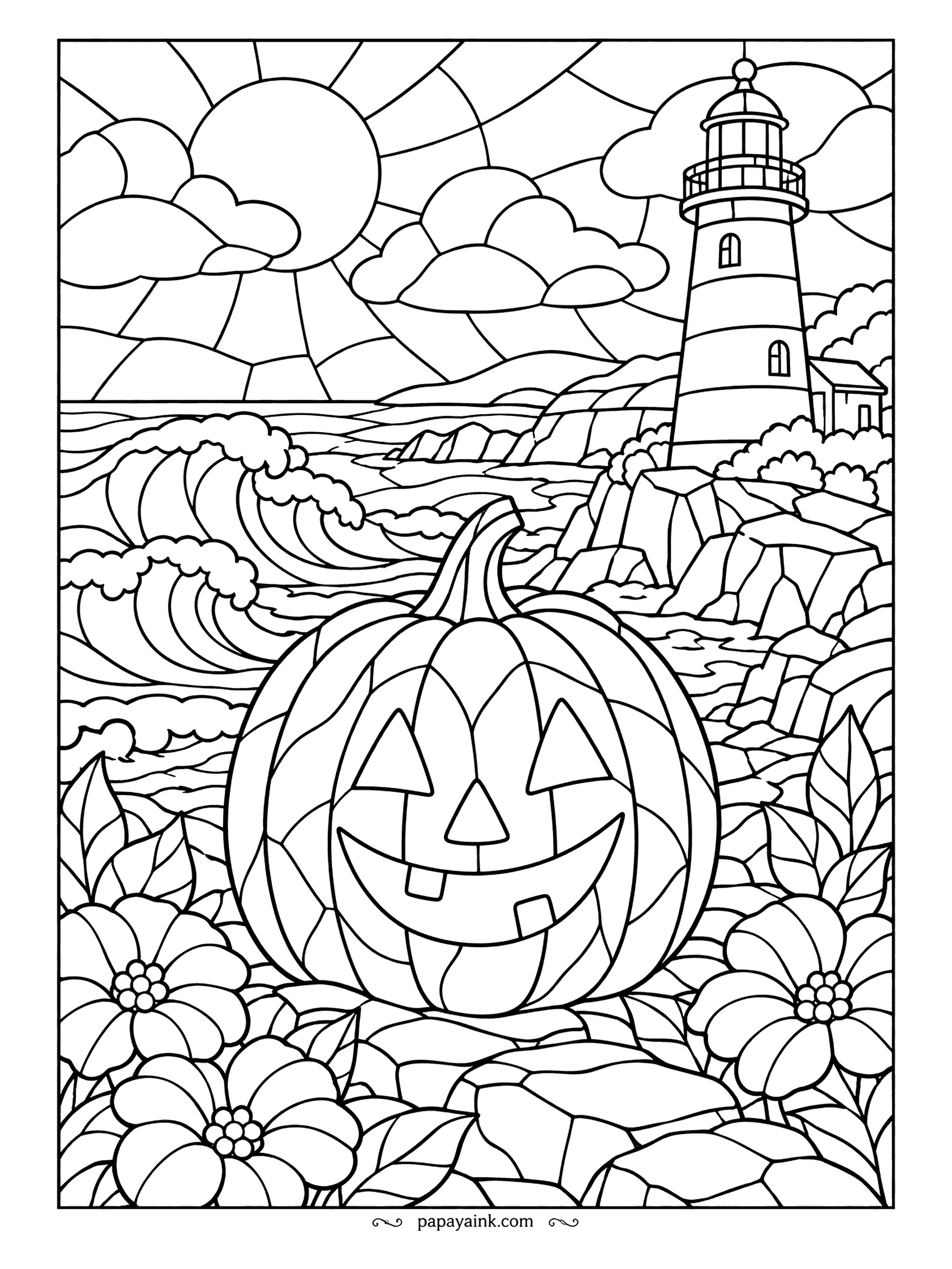 Pumpkin Coloring Pages - Who said jack-o'-lanterns stay inland? This one glows on a rocky shore, with curling waves, a lighthouse on the cliff and a sun split into glass panes. Detailed - a new shade for every pane.