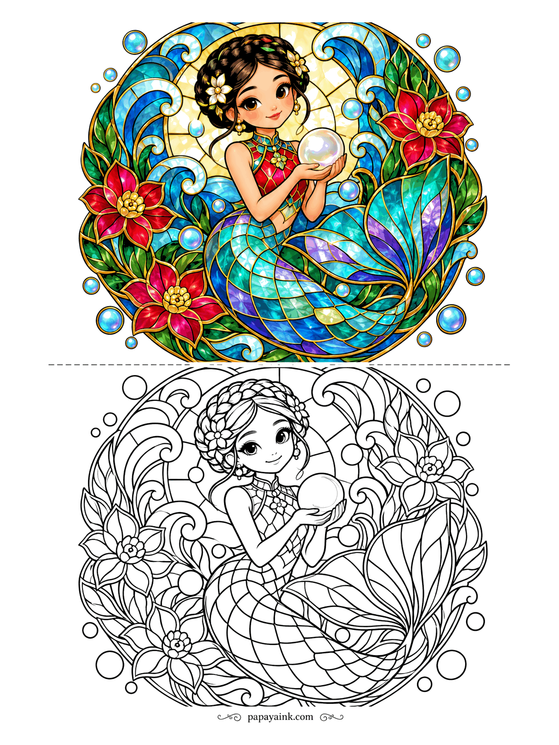 Cute Mermaid Coloring Pages - Drawn as a round stained glass window: she holds a glowing pearl among curling waves and big star-shaped flowers. Each pane is a separate small space, so bright markers or gel pens work beautifully.