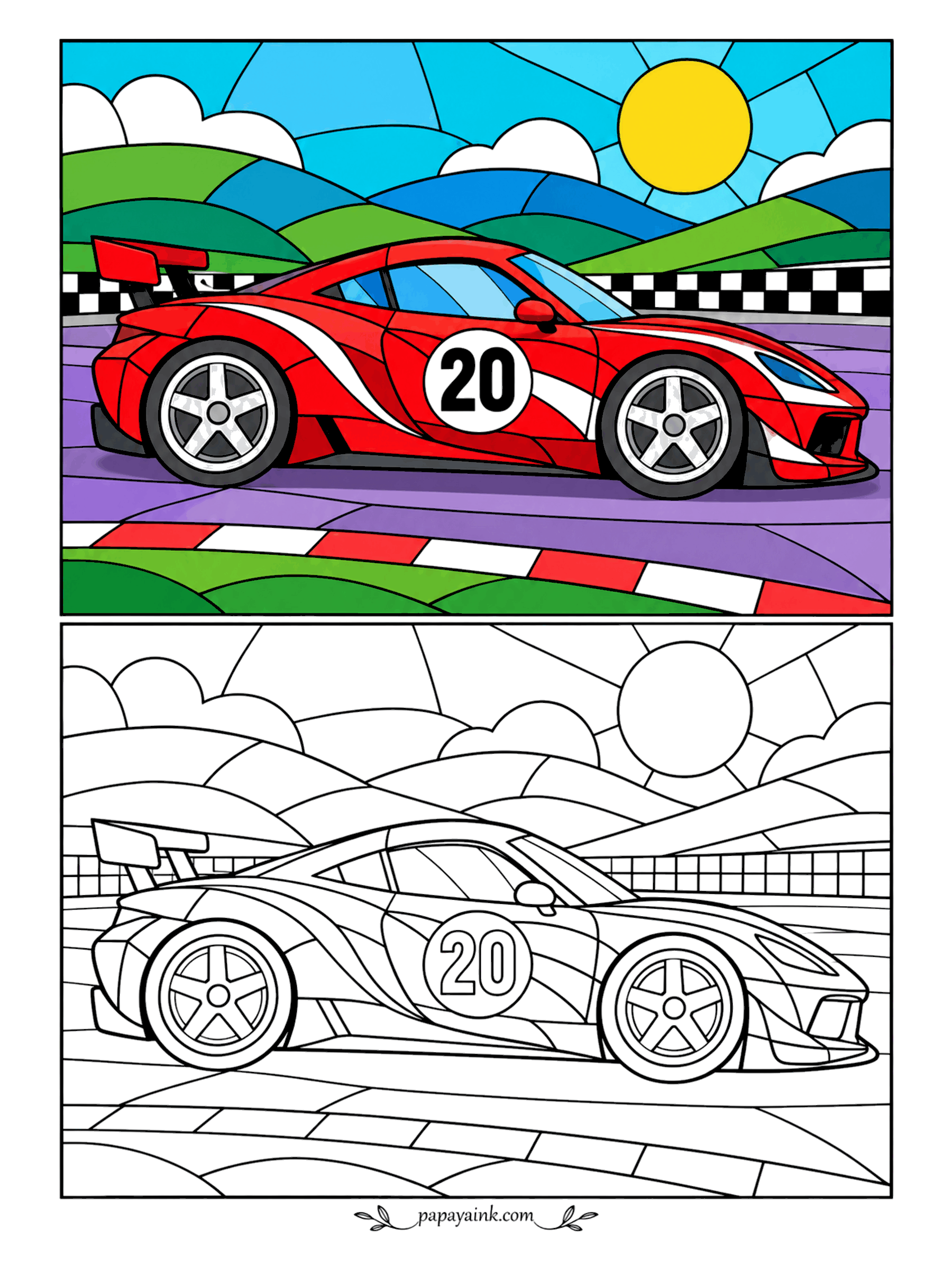 Race Car Coloring Pages - Stained glass meets the racetrack. A red sports car is cut into mosaic panels, along with the sun, the hills and the curb. Color each cell flat and solid - the black lines already do the job of the lead.