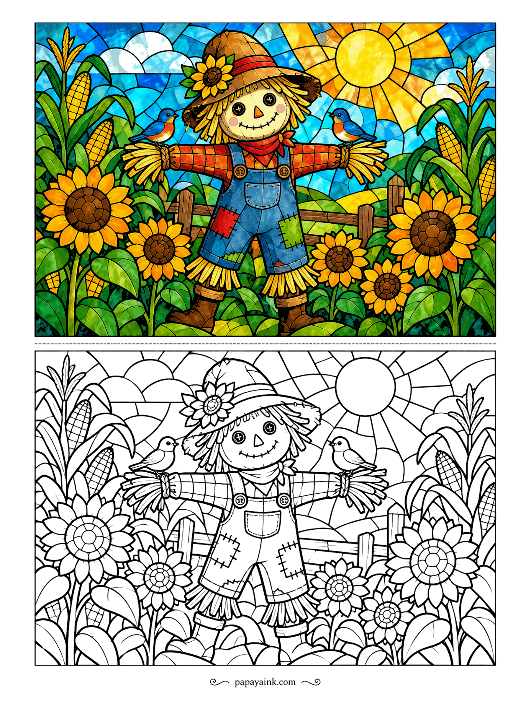 Scarecrow Coloring Pages - Sun rays split the sky into glass panes above a scarecrow standing among sunflowers and ripe corn. Each bluebird gets its own leaded outline. Detailed - give every small cell a slightly different shade and the window effect appears by itself.