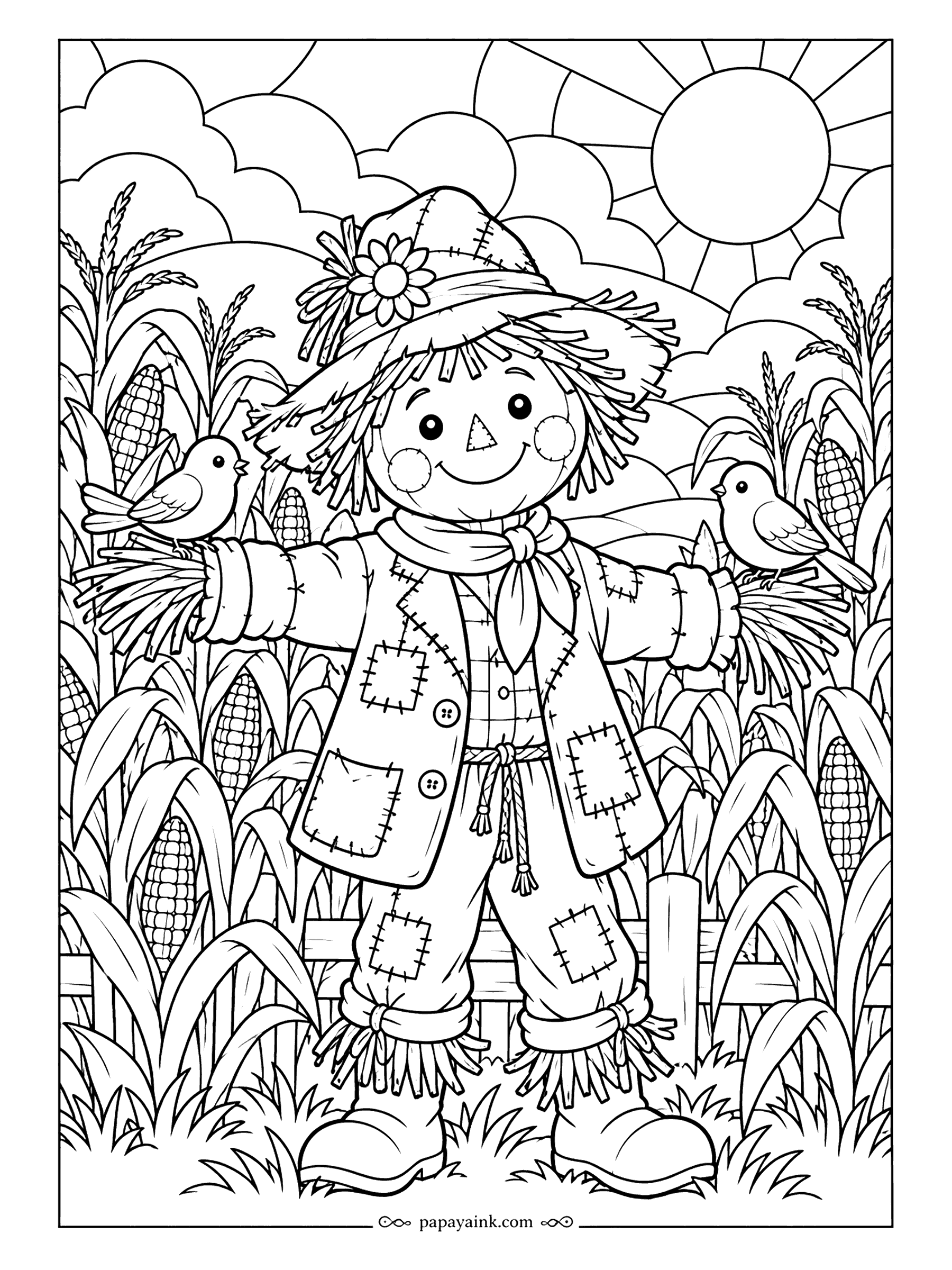 Scarecrow Coloring Pages - Thick lead lines split the sun, the clouds and the corn into separate panes, just like a church window. Two birds rest on the scarecrow's outstretched arms. Try a different color in every pane for a jewel-box finish.