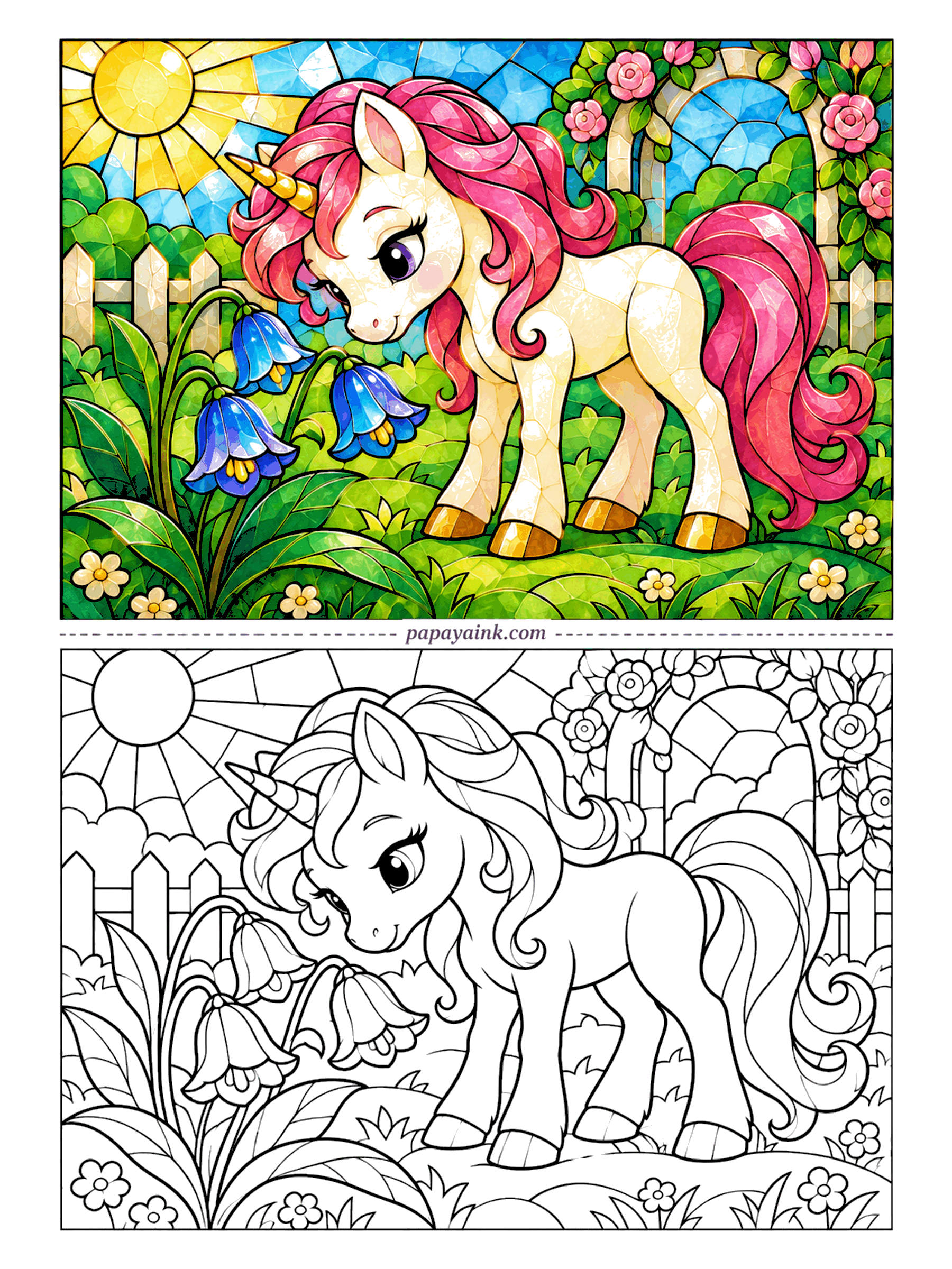 Cute Unicorn Coloring Pages - Stained glass turns a garden into a window: thick dark lines, a sunburst in the corner, and a pink-maned unicorn bending to sniff two bellflowers. Detailed - fill each pane with a single flat color.