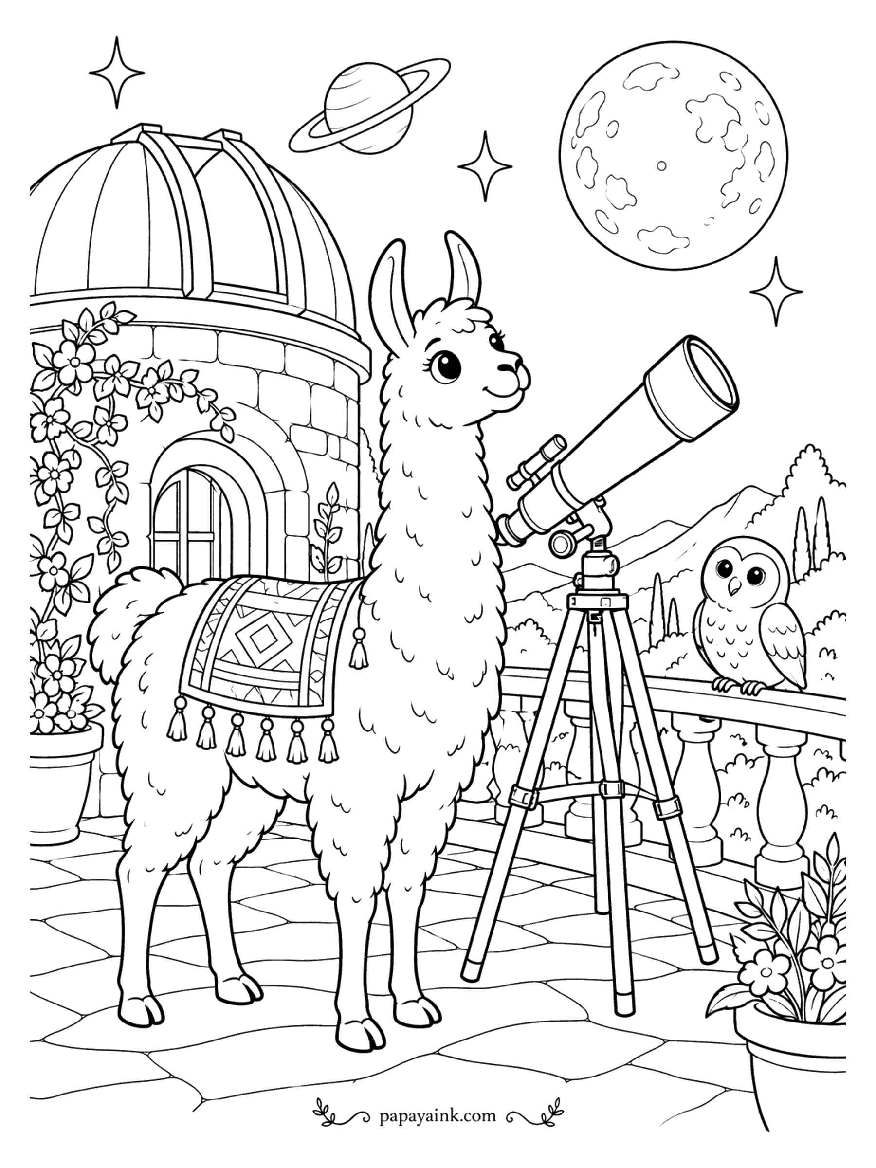 Llama Coloring Pages - Clear skies tonight. The llama has set up a telescope on the observatory terrace, an owl has come along as night-vision consultant, and the moon, a ringed planet and a few bright stars are on the program. Stonework, a balustrade and climbing roses for patient hands.