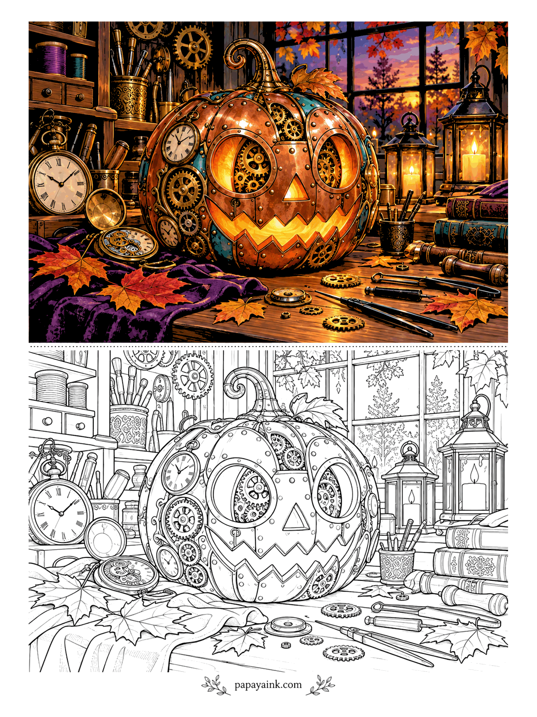 Halloween Coloring Pages for Adults - Copper plates, rivets and clock gears make this jack-o'-lantern, built on a workbench among pocket watches, brass tools and leather-bound books, lanterns glowing beside it. Metallics are the point: copper, brass and a touch of verdigris. Detailed.
