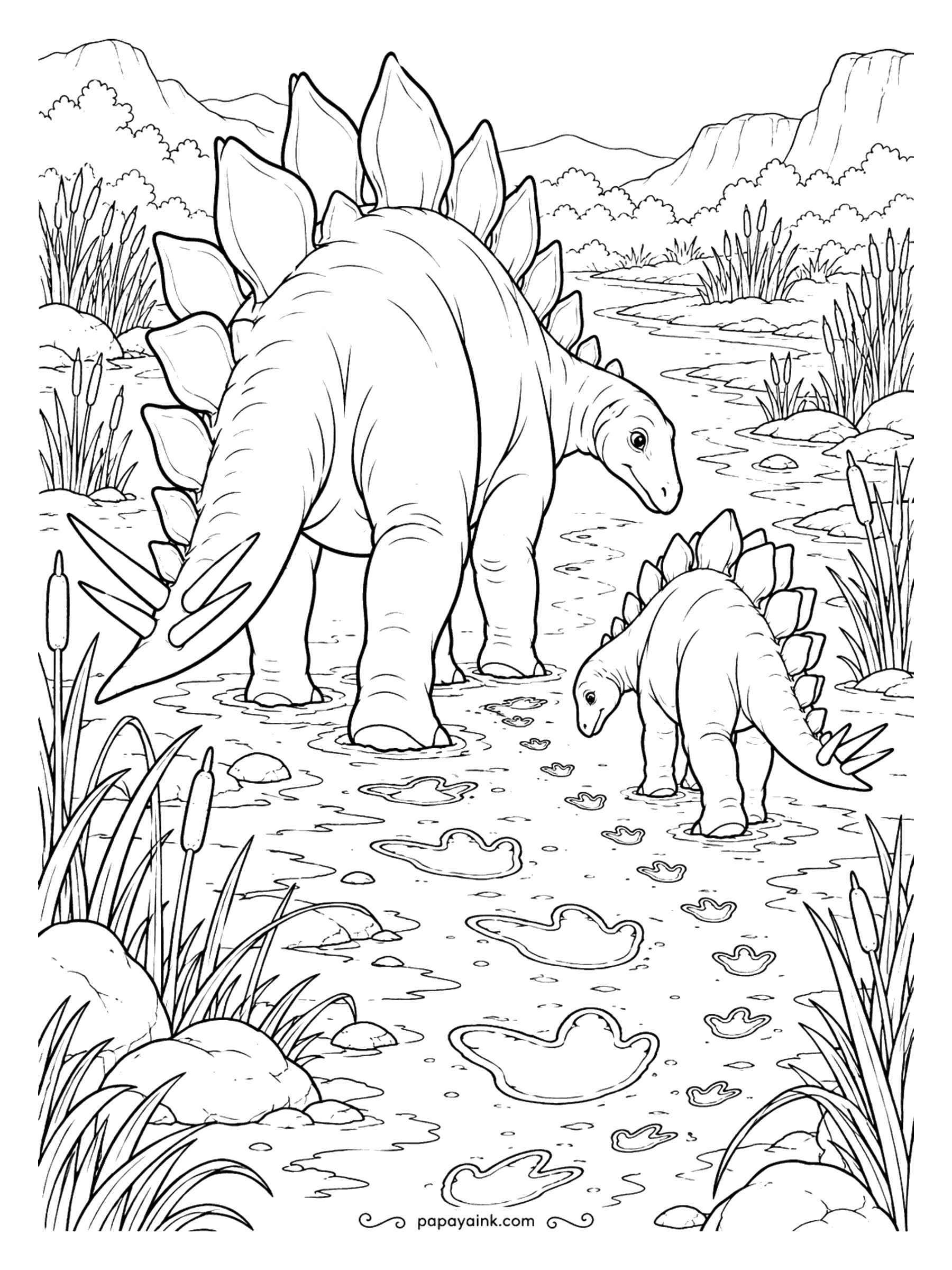 Stegosaurus Coloring Pages - Seen from behind for once: the parent wades through soft mud with the youngster close beside, both leaving deep prints that fill with water. Cattails line the trail. The tail spikes point straight back at the viewer.