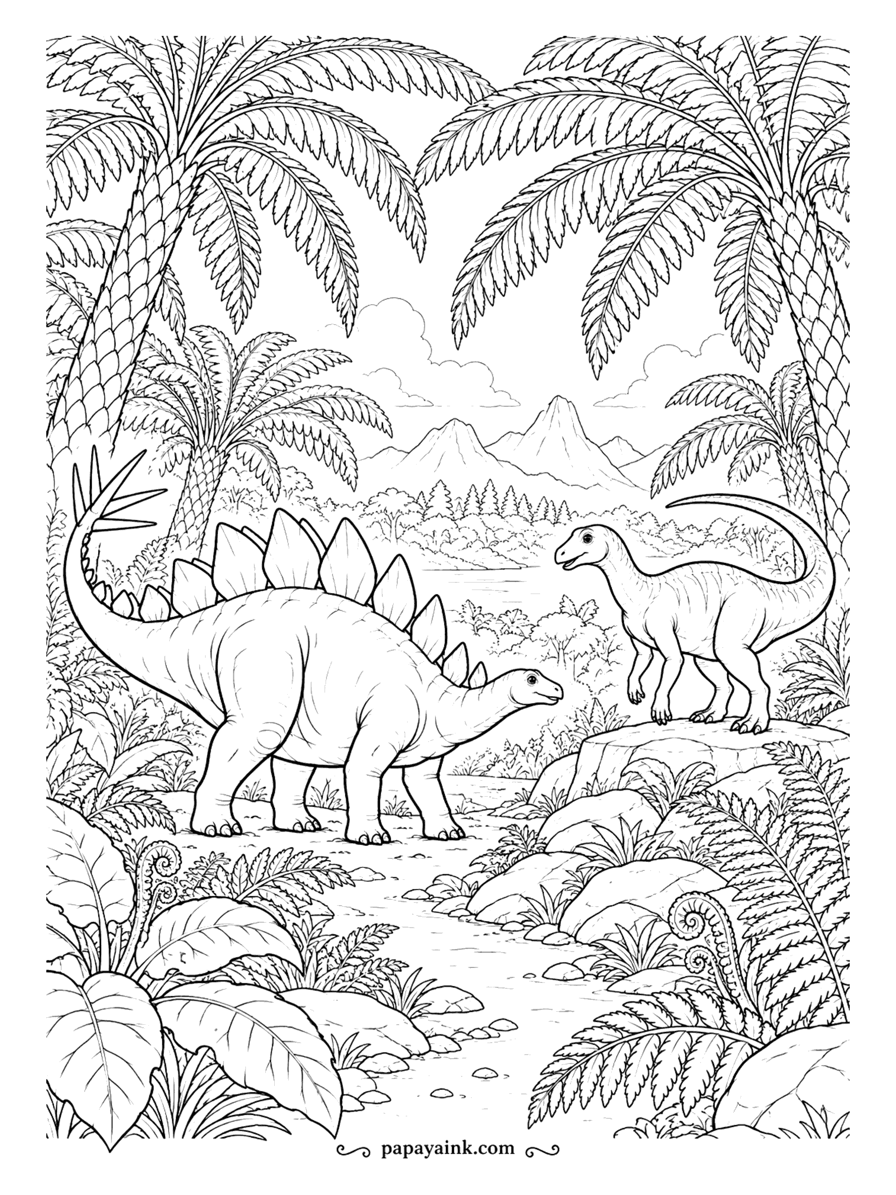 Stegosaurus Coloring Pages - Tall cycad palms arch over a forest clearing where a stegosaurus and a camptosaurus meet near a rocky ledge. Camptosaurus could walk on two legs or four. Layered fronds in front, mountains behind.