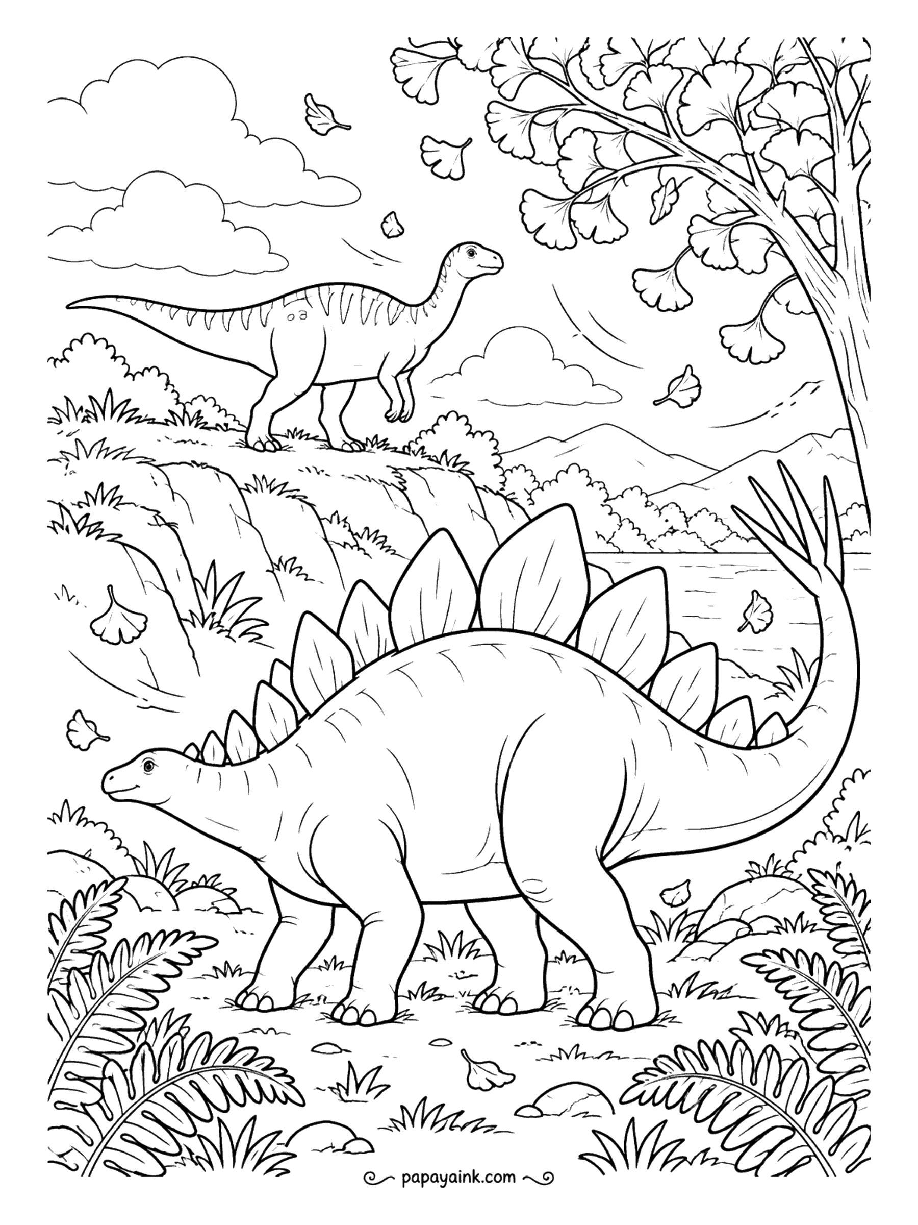 Stegosaurus Coloring Pages - Ginkgo leaves blow past on the wind - ginkgos were already around in the Jurassic and line city streets now. A stegosaurus crosses the grass while a camptosaurus looks on from the ridge. Fan-shaped leaves in yellow-green.