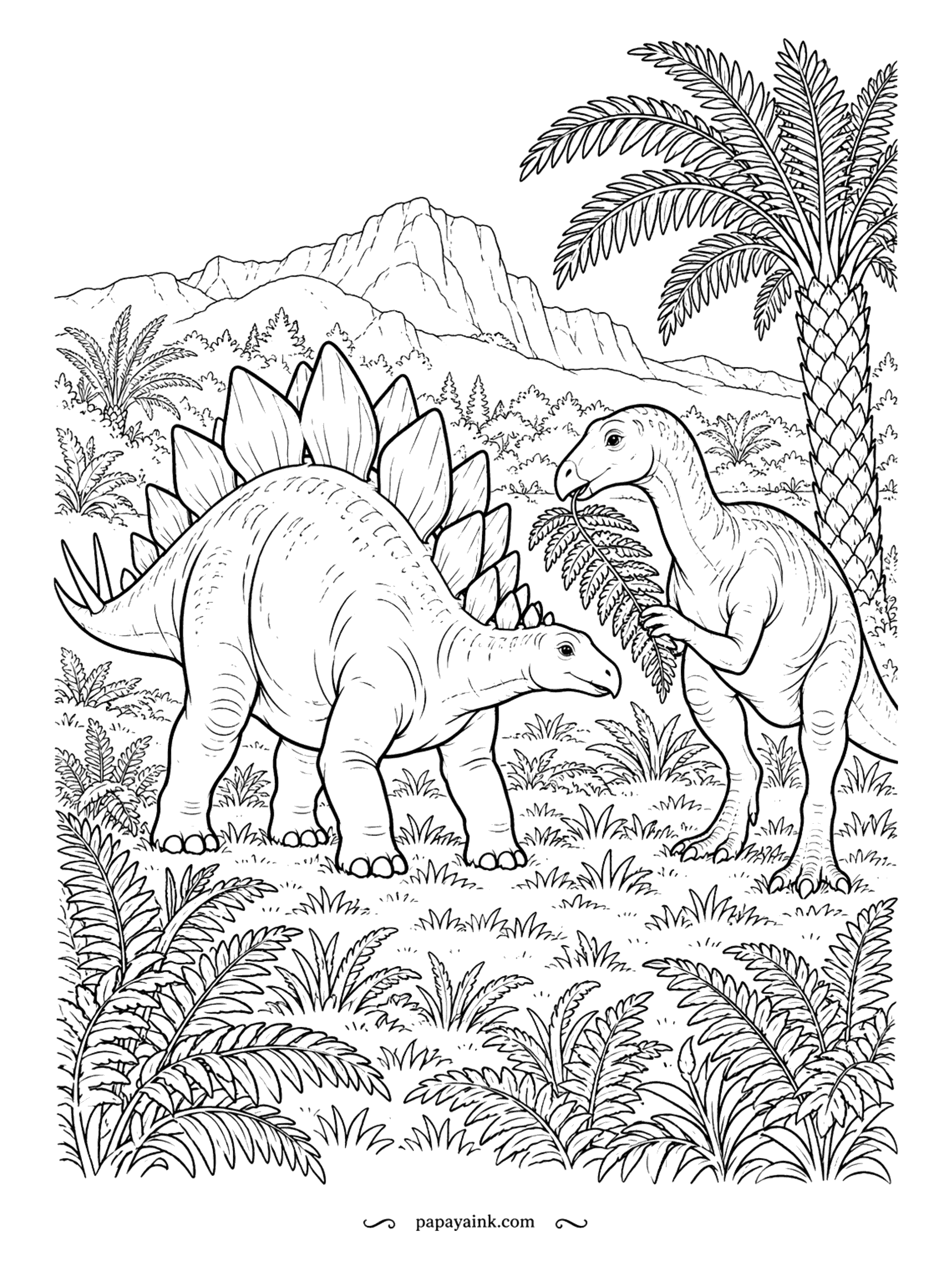 Stegosaurus Coloring Pages - A camptosaurus holds out a fern frond like a shared snack, and the stegosaurus leans over for a look - two Late Jurassic plant eaters, cycads and cliffs around them. Earthy greens and grays work well.