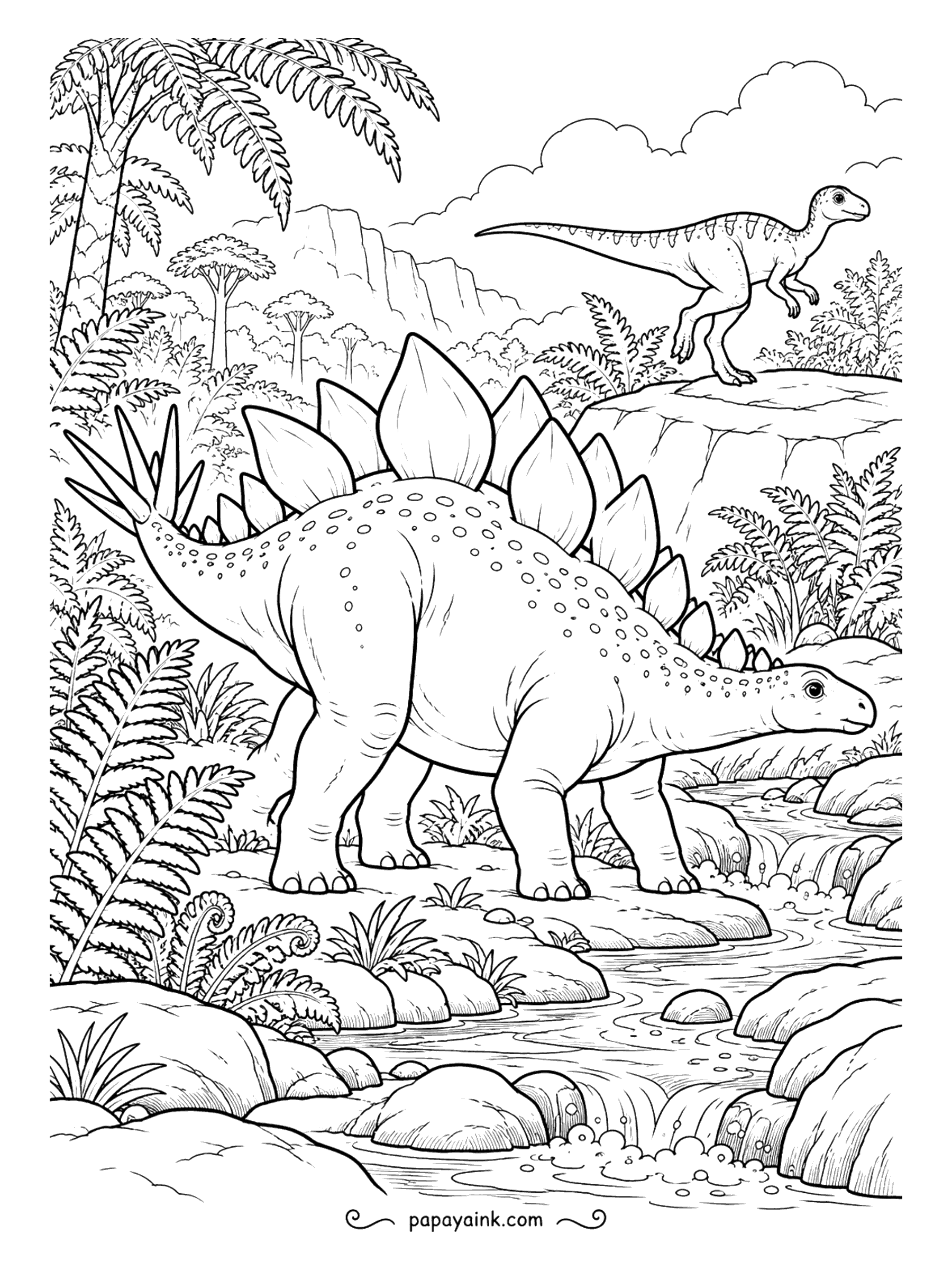 Stegosaurus Coloring Pages - A dryosaurus leaps from rock to rock above a little cascade while a stegosaurus waits on the stones below. Dryosaurus was built for speed, with long legs and a stiff tail for balance. Fill the water with quick, light strokes.