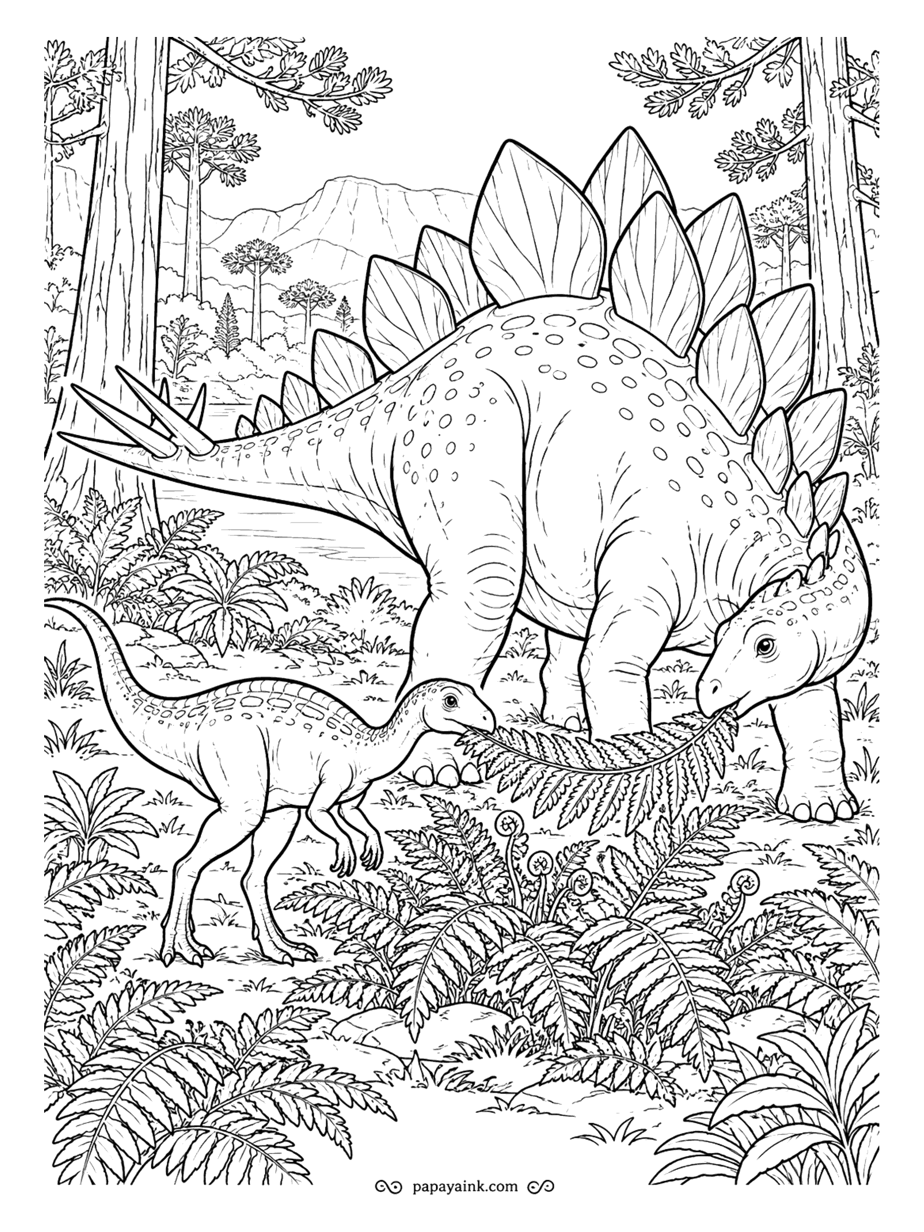 Stegosaurus Coloring Pages - Dryosaurus was a quick two-legged plant eater from the same time and place as Stegosaurus, roughly 150 million years ago in what is now the American West. Here the two share a patch of ferns at the forest edge. Detailed - fronds everywhere.