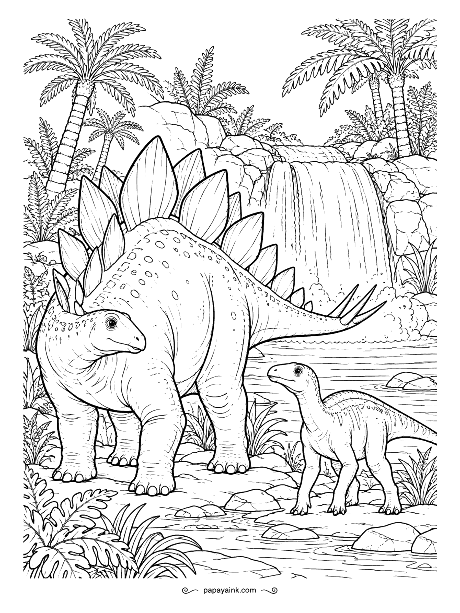 Stegosaurus Coloring Pages - A young ornithopod at the water's edge keeps a stegosaurus company while a waterfall drops into a pool beyond them. Spray, rocks and tall palms fill the edges. Detailed - try white gel pen on the falling water once the blues are done.