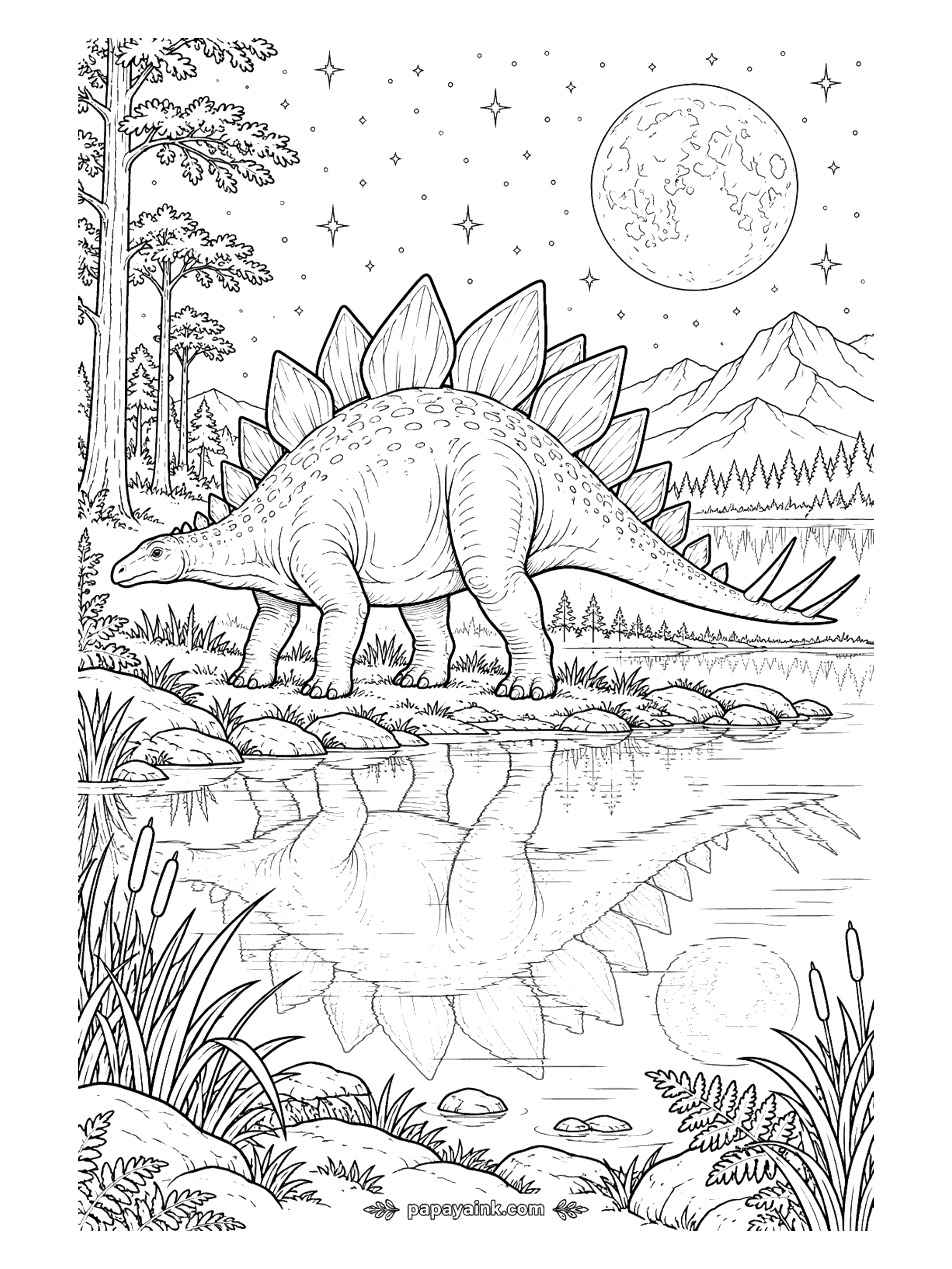 Stegosaurus Coloring Pages - Stegosaurus at night beside a calm lake, with a full moon, a sky of stars, and its mirror reflection in the water.