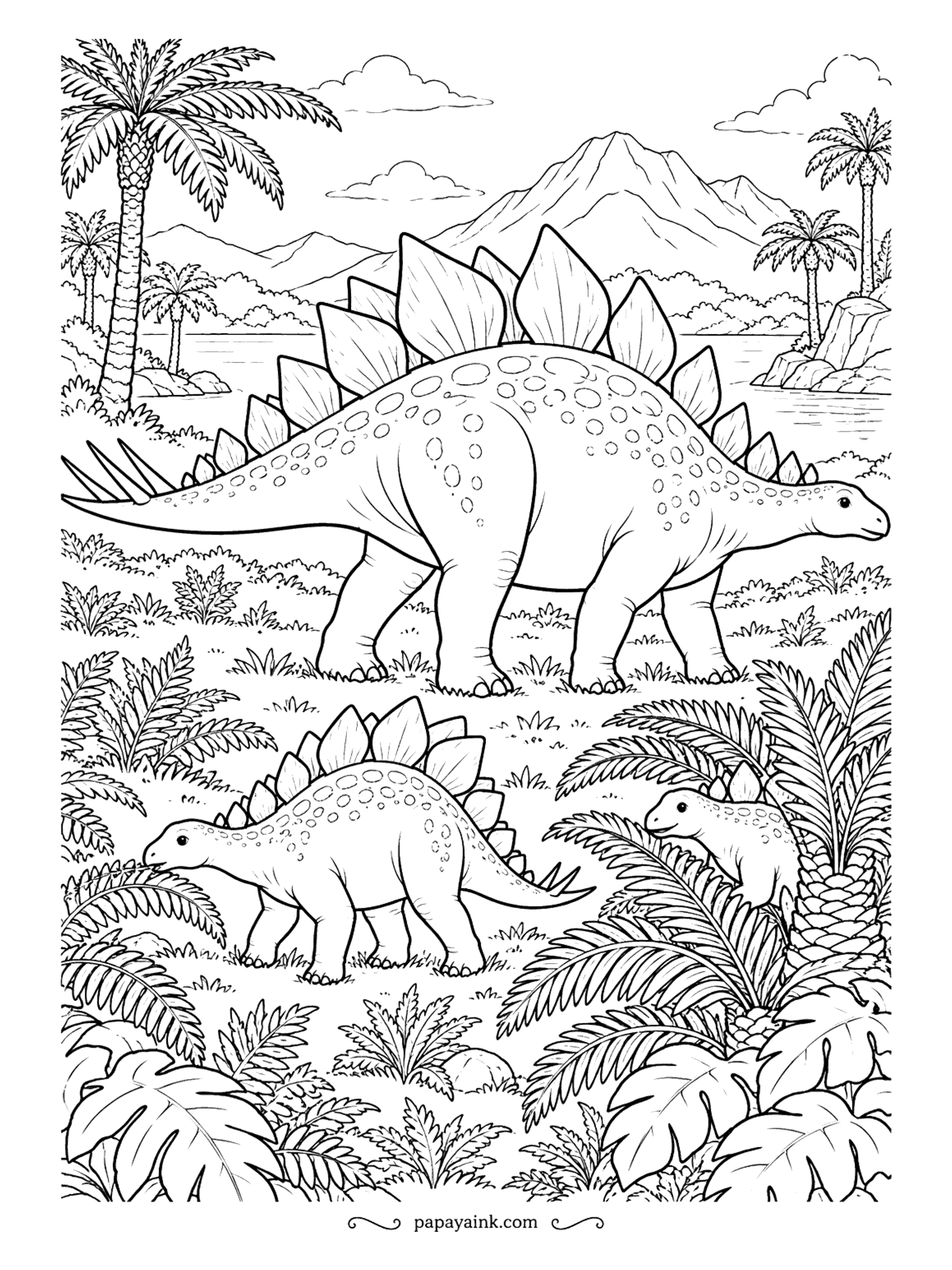 Stegosaurus Coloring Pages - Three young stegosaurs work through a fern meadow as their parent walks ahead along the lake. Cycads and a smoking peak fill the back. Try a different shade of green for each young one so they stand apart.