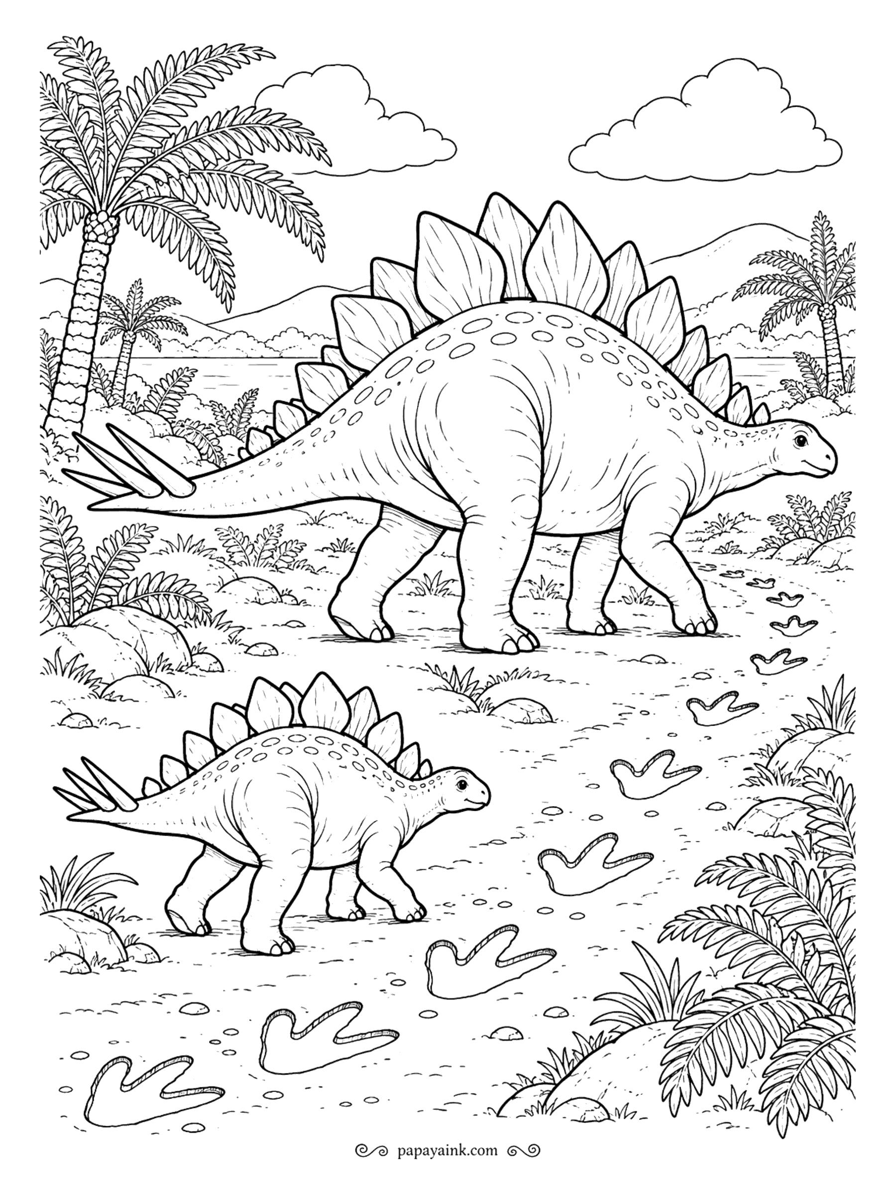 Stegosaurus Coloring Pages - Three-toed prints trail across the muddy flat, a parent in front and a youngster following. Stegosaurus hind feet were short and broad, made to carry a heavy body. Mostly open ground - a calmer page with room to breathe.