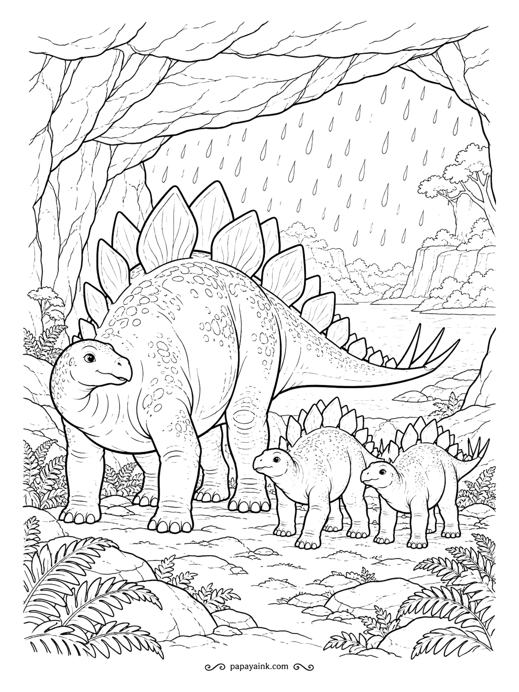 Stegosaurus Coloring Pages - Rain streaks down past the cliff, and the family has found the overhang just in time - one adult, two youngsters huddled under the rock. Gray-blue for the rain, warm stone for the shelter, the dinosaurs in between.