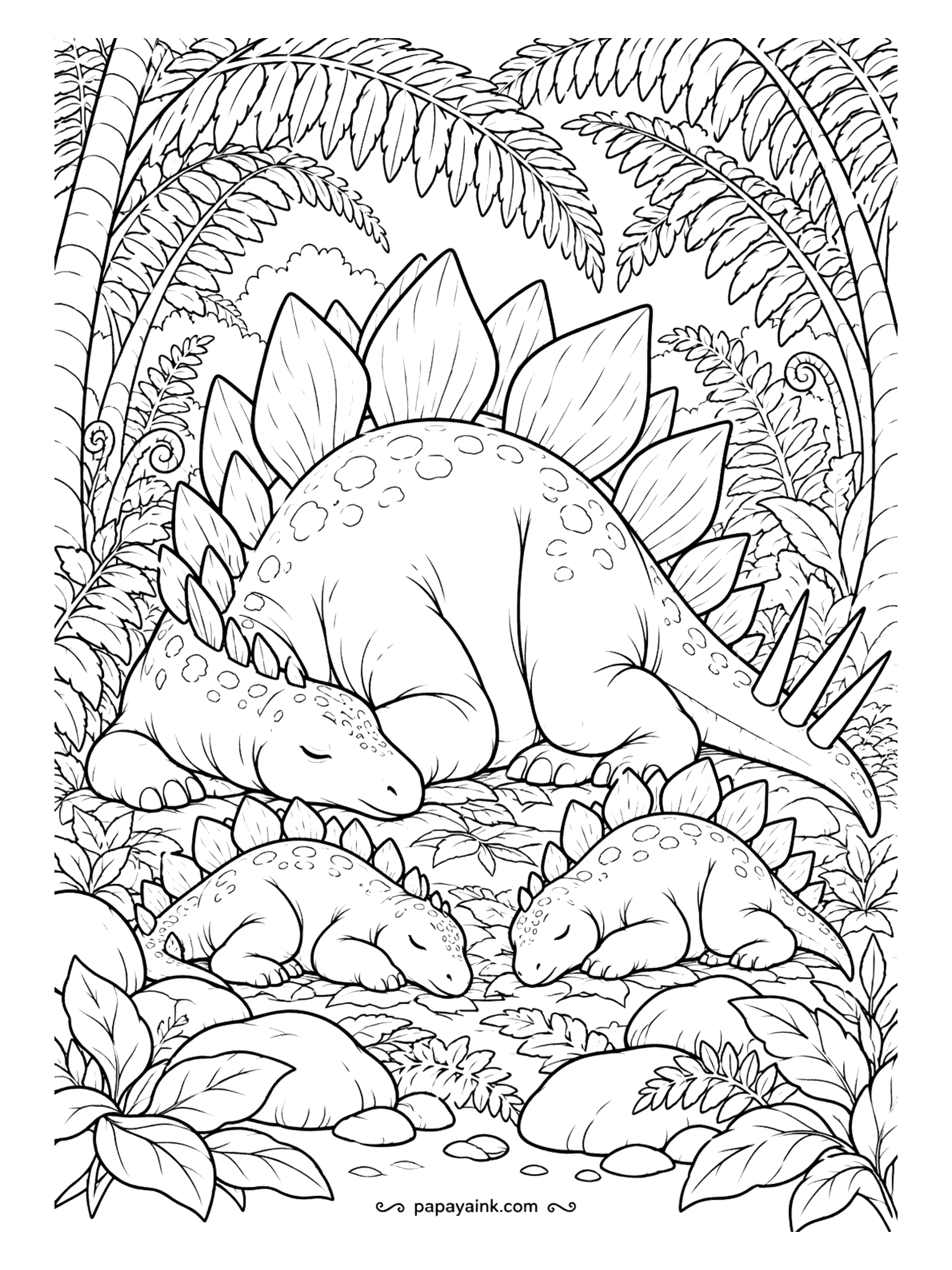 Stegosaurus Coloring Pages - Bedtime in the fern hollow: the parent sleeps with its head on the ground, two babies curled up in front, all three with eyes shut. Stegosaurus probably rested like this, legs folded under a heavy body. Soft greens and quiet grays.