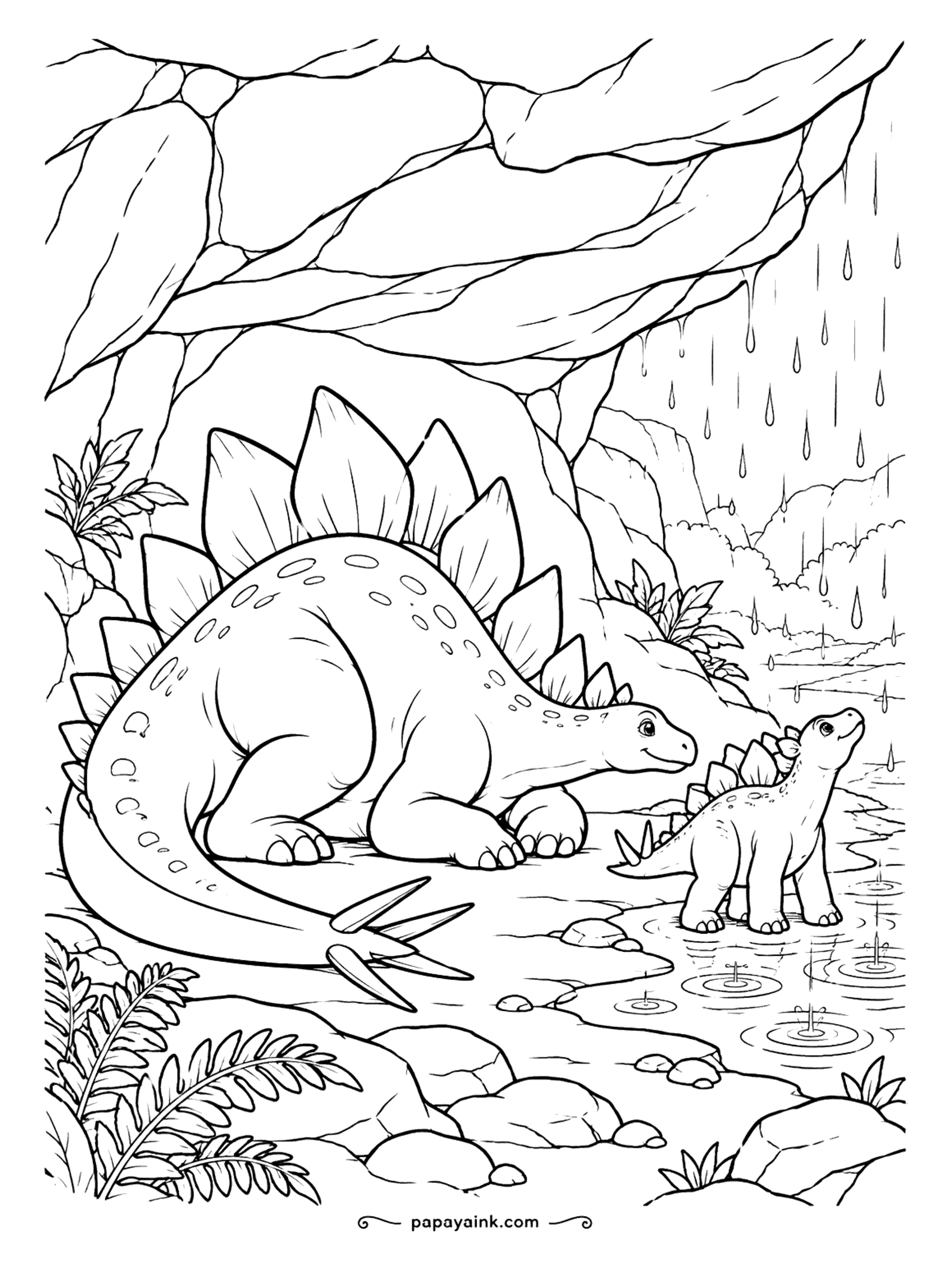 Stegosaurus Coloring Pages - Rain is falling outside the overhang, and the parent has settled down out of it. The little one stands at the edge watching drops land in the puddles. Pale blue-gray rain, sandy rock overhead.