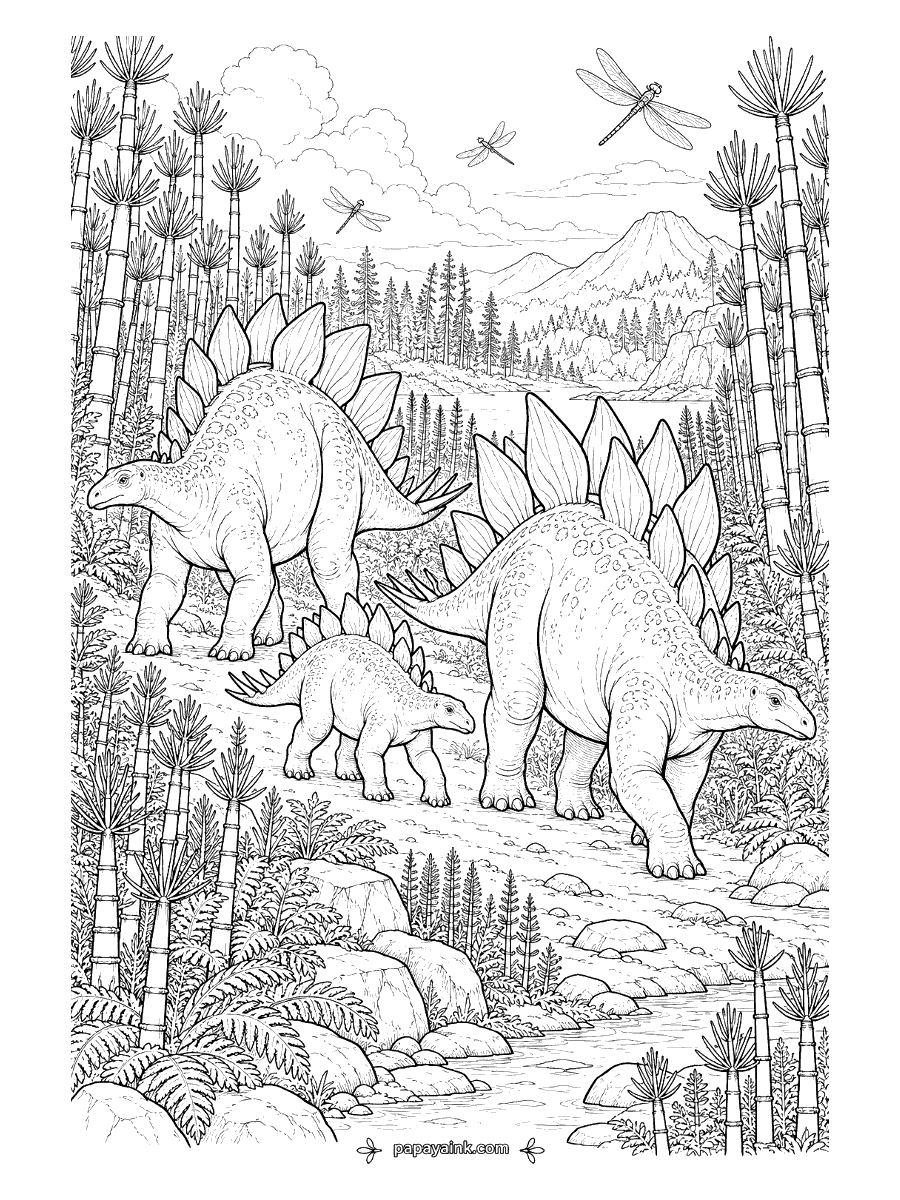 Stegosaurus Coloring Pages - Stegosaurus family coloring page with two adults and a baby walking through a forest of giant horsetails, with dragonflies overhead and a volcano far away. Detailed.