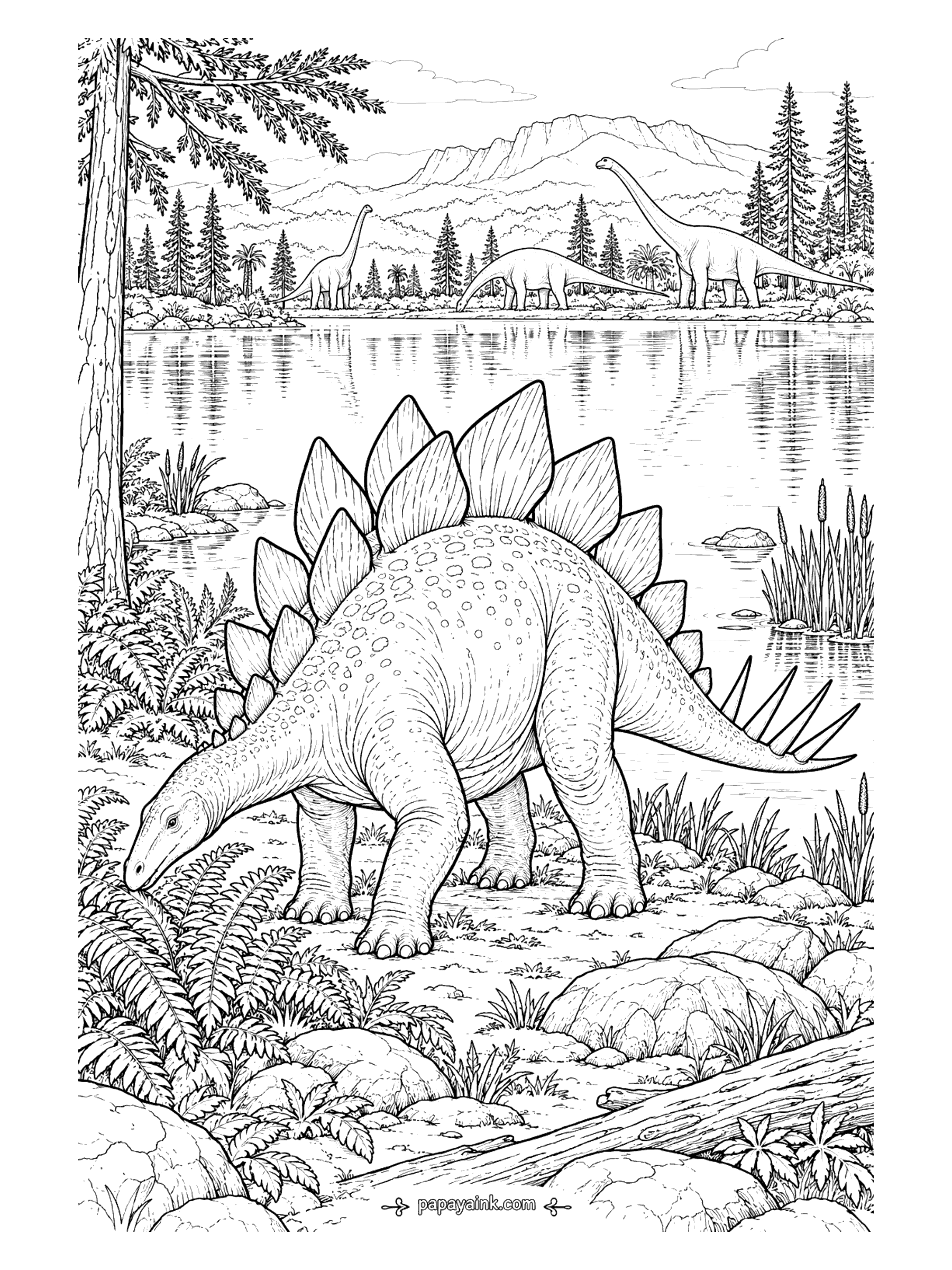 Stegosaurus Coloring Pages - Stegosaurus grazing on ferns at the edge of a still lake, with long-necked sauropods feeding along the far shore. Detailed.