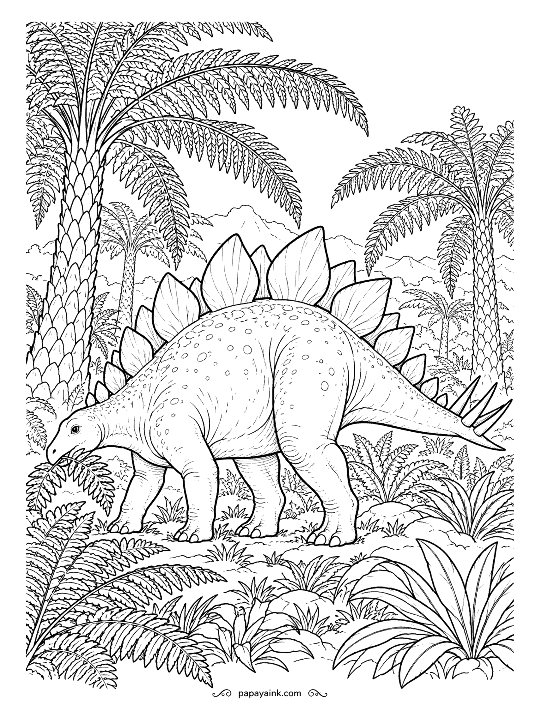 Stegosaurus Coloring Pages - Cycads tower overhead, ferns crowd the ground, and the stegosaurus is busy eating all day. Its head was tiny for its size, but a beak and cheek teeth handled tough leaves. Detailed - layer the foliage from dark to light.