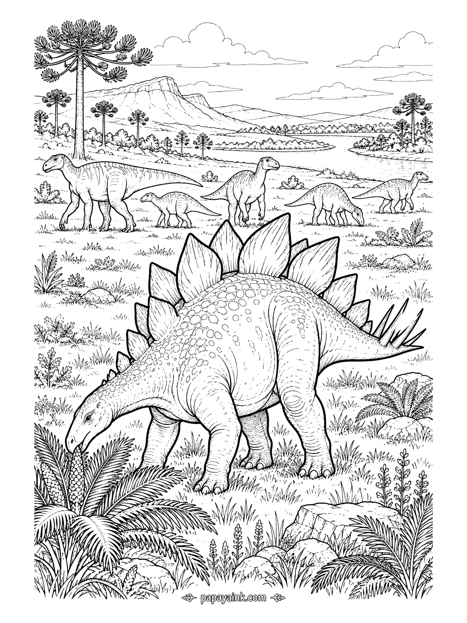 Stegosaurus Coloring Pages - Stegosaurus nibbling a cycad in an open meadow while a herd of plant-eating dinosaurs grazes behind it near a river. Detailed.