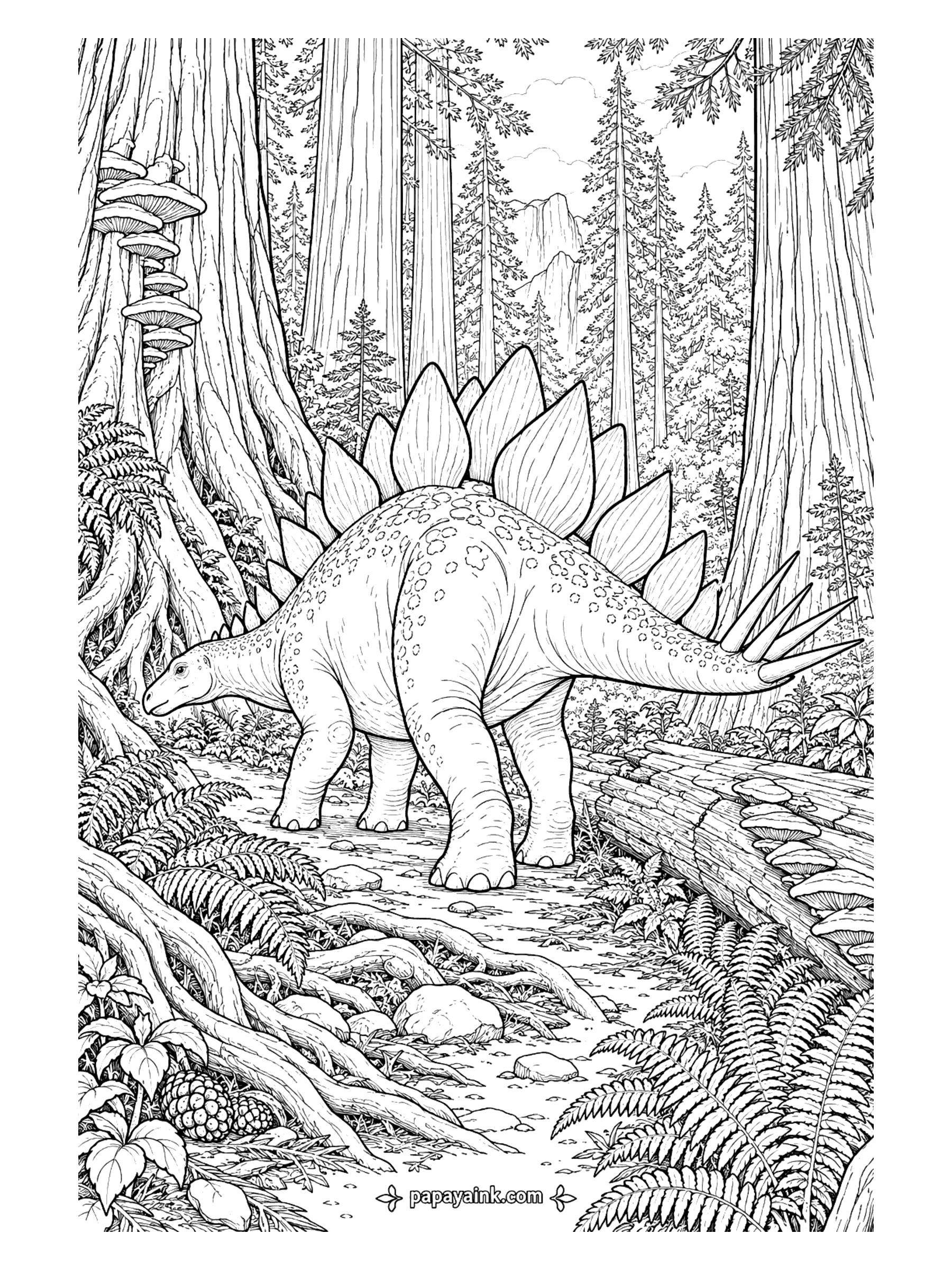 Stegosaurus Coloring Pages - Stegosaurus coloring page for adults: the dinosaur walks a forest trail between enormous redwood trunks, fallen logs, shelf mushrooms, and deep fern beds. Detailed.