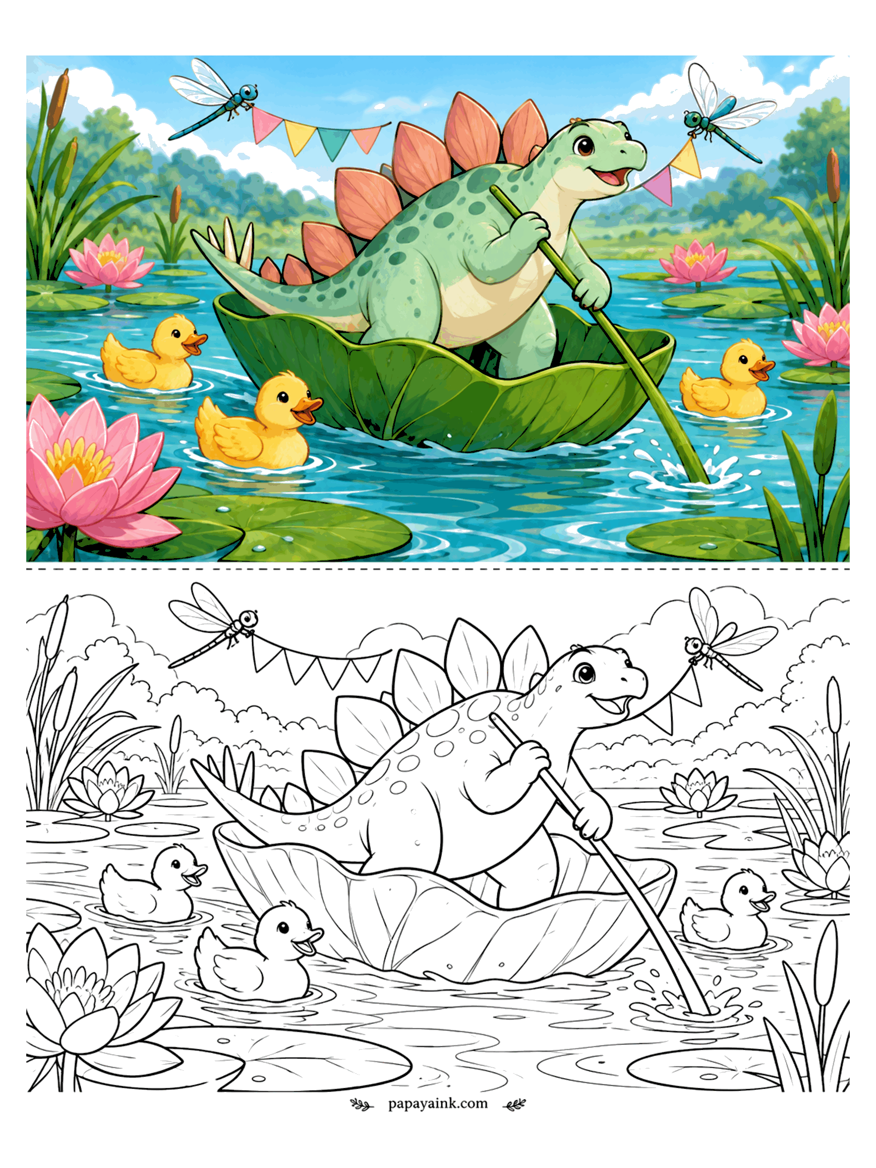 Cute Dinosaur Coloring Pages - A stegosaurus poles a giant leaf boat across a lily pond, followed by ducklings and dragonflies with party flags. Calm water and big lily pads to color.