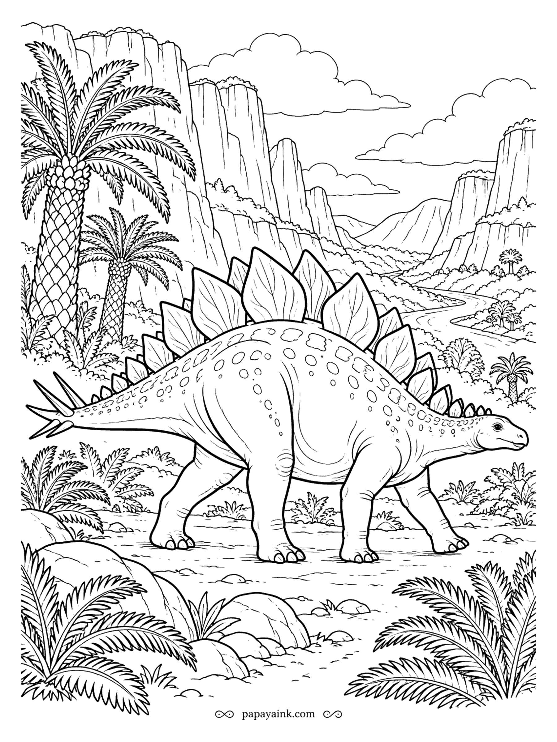 Stegosaurus Coloring Pages - Canyon walls rise on both sides of the valley, and a lone stegosaurus walks the floor with tail spikes swinging. Those four spikes have a nickname, the thagomizer, borrowed from a 1980s newspaper cartoon. Detailed - stacked cliffs.