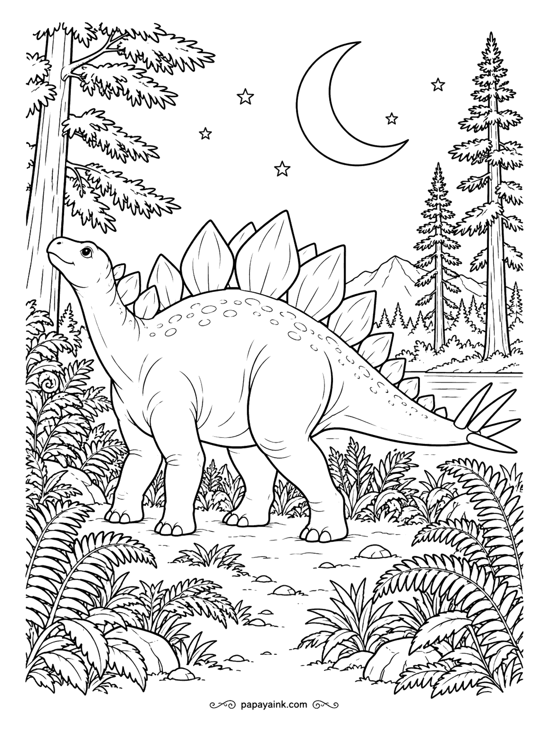 Stegosaurus Coloring Pages - Night in the conifer forest, a crescent moon and a few stars overhead. The stegosaurus lifts its head as if listening. Deep blue sky, dark green pines, and the dinosaur in moonlit gray-greens so it stands out against the dark.