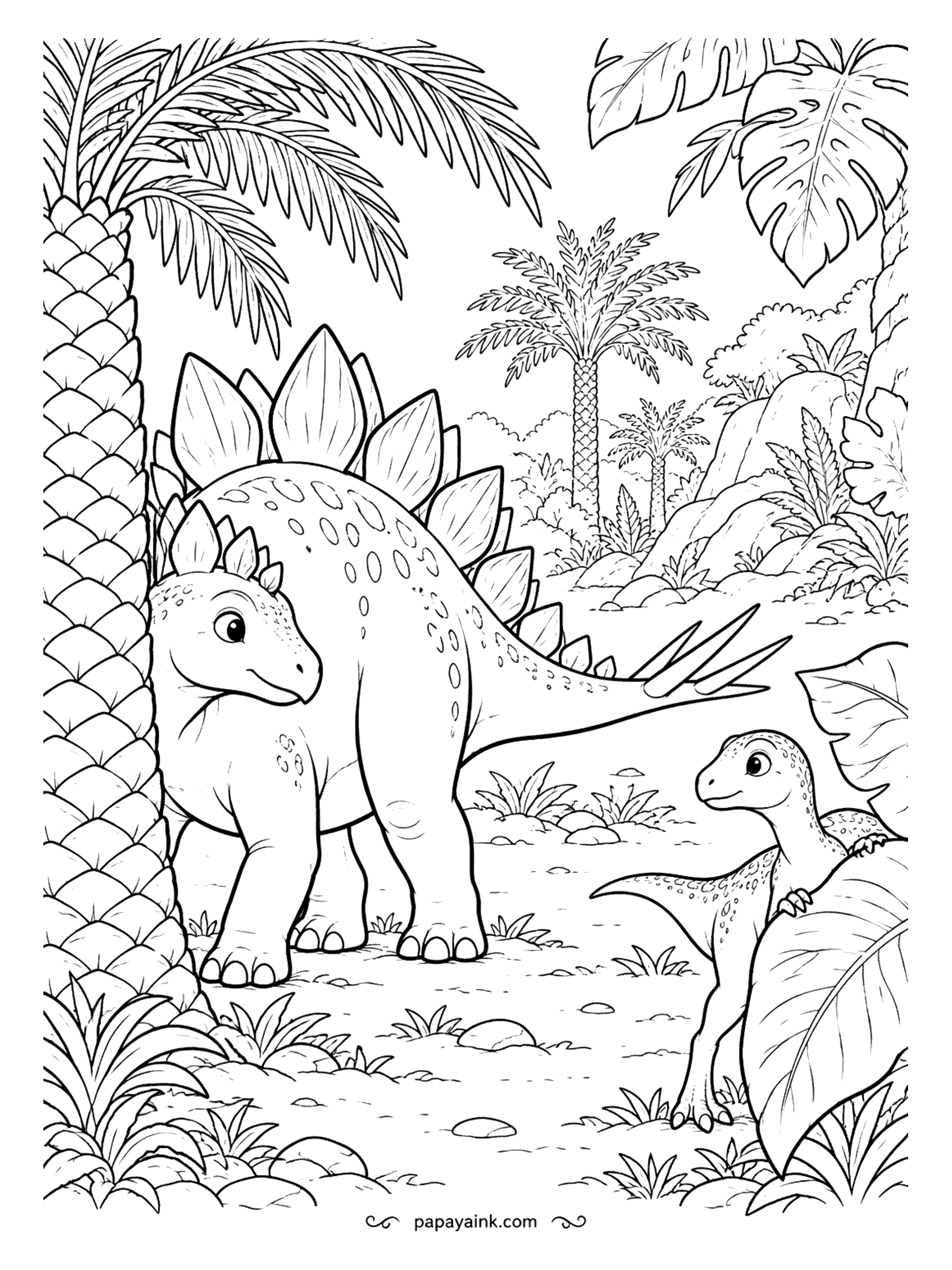 Stegosaurus Coloring Pages - Hide-and-seek, Jurassic edition: the stegosaurus peers out from around a cycad trunk while a little dinosaur ducks under a big leaf. Neither is very good at it. Leave the trunk's diamond pattern for patient shading.
