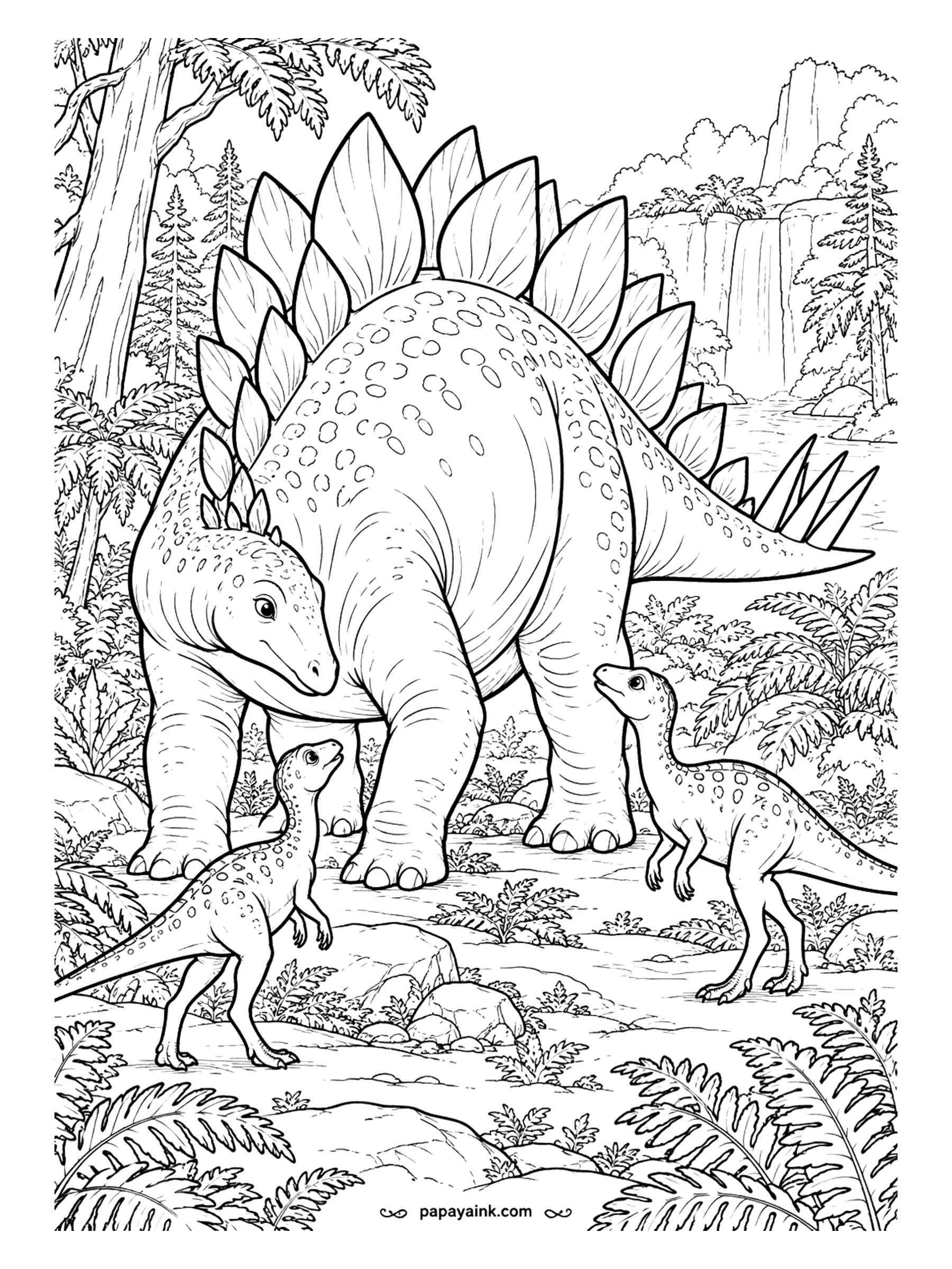 Stegosaurus Coloring Pages - A pair of dryosaurs stand on their hind legs to look up at the giant in front of them, and the stegosaurus bends low to meet them. Dryosaurus means "oak lizard," named for its leaf-shaped teeth. A waterfall closes off the back.