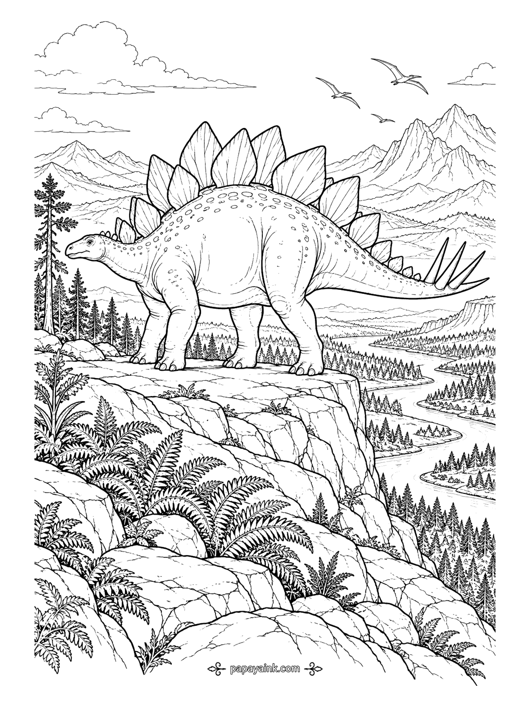 Stegosaurus Coloring Pages - Stegosaurus standing on a rocky overlook high above a winding river valley, with forested islands, mountain ranges, and pterosaurs in the distance. Detailed.