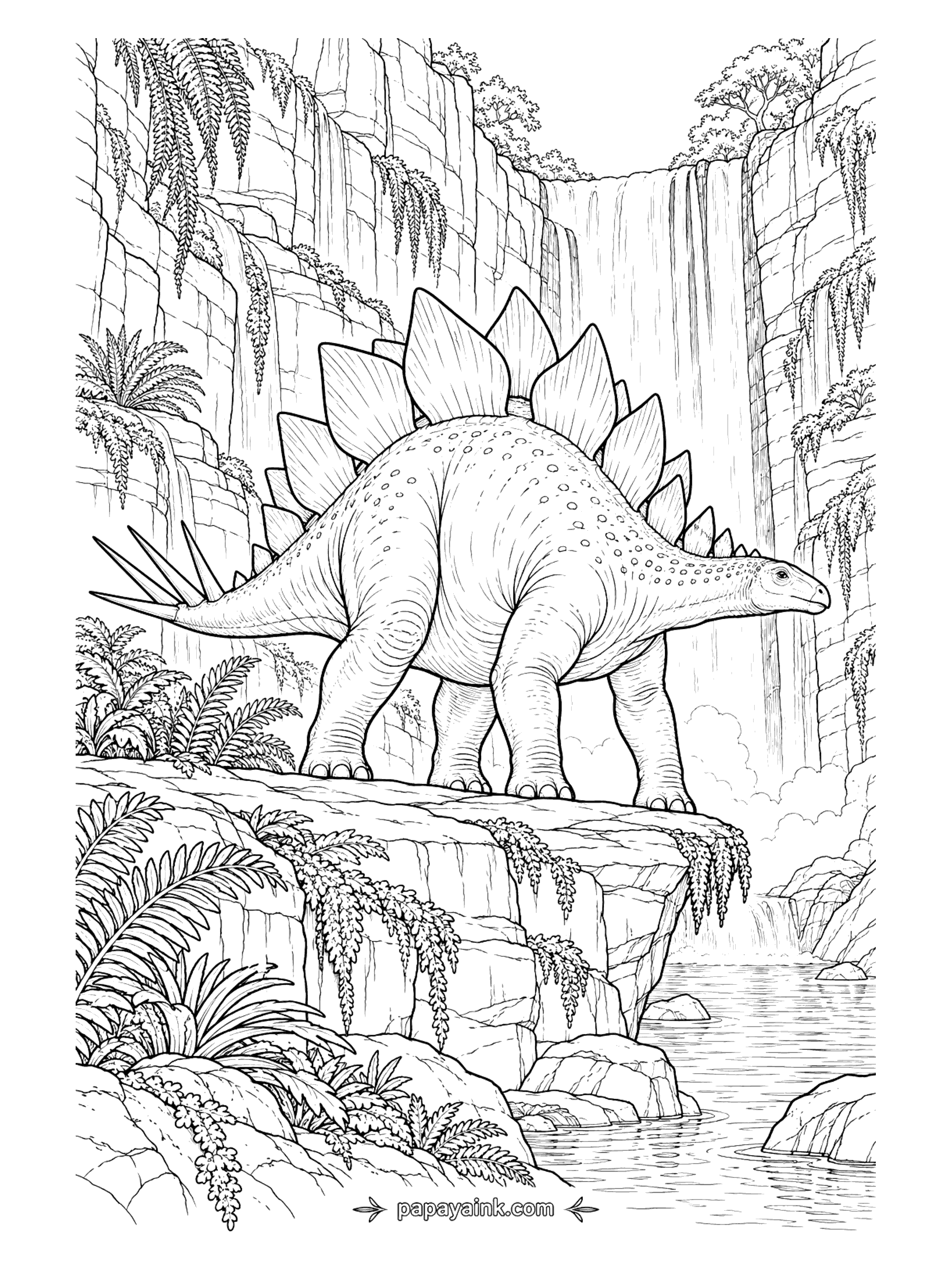 Stegosaurus Coloring Pages - Stegosaurus standing on a rock ledge in front of a tall waterfall, with trailing vines, ferns, and a calm pool below.