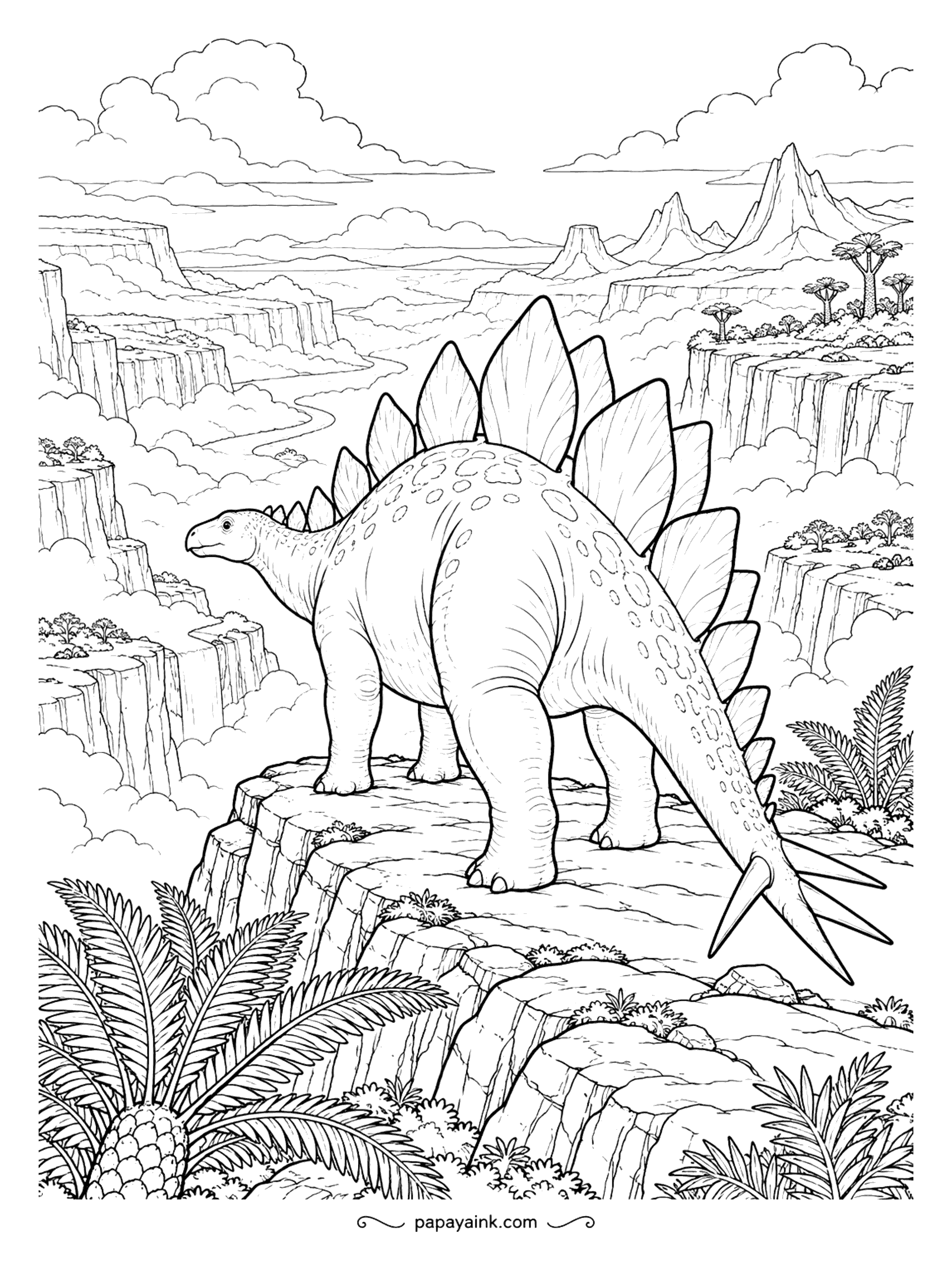 Stegosaurus Coloring Pages - Standing at the very edge of a cliff, the stegosaurus looks out over canyons and a river far below. Distant mesas fade toward the horizon. Lighten the colors as they go back to make the drop feel deep.