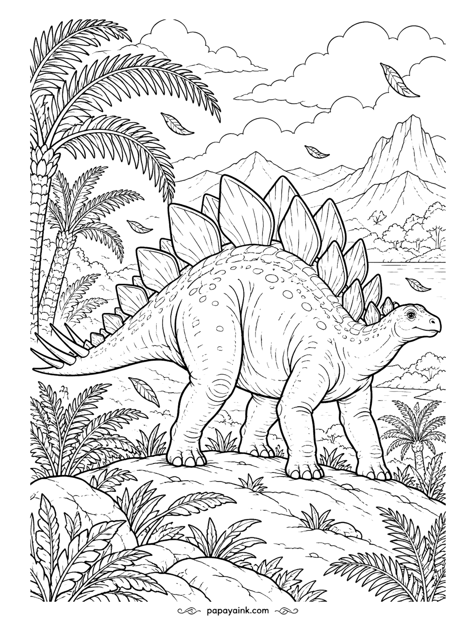 Stegosaurus Coloring Pages - Wind across the hilltop sends leaves spinning past, and the stegosaurus stands its ground in front of a volcano and a far-off lake. Full-body profile - the plates make a striking silhouette for bold colors.