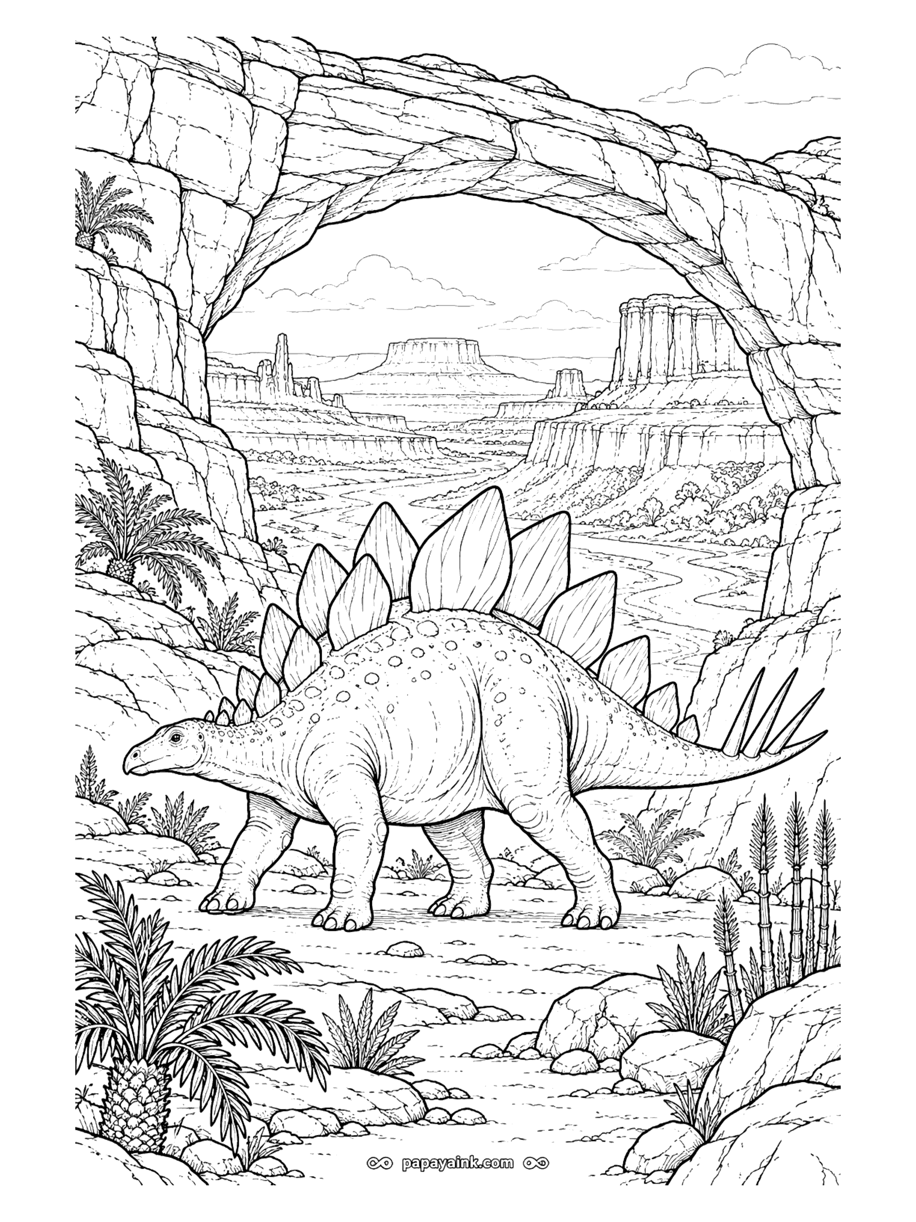Stegosaurus Coloring Pages - Stegosaurus framed by a natural stone arch, with a desert of buttes, mesas, and a dry riverbed stretching out behind it.