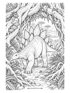 Stegosaurus Coloring Pages - Stegosaurus coloring page with the dinosaur stepping through an arch of giant twisted tree roots, with shelf mushrooms, hanging moss, and ferns all around. Detailed.