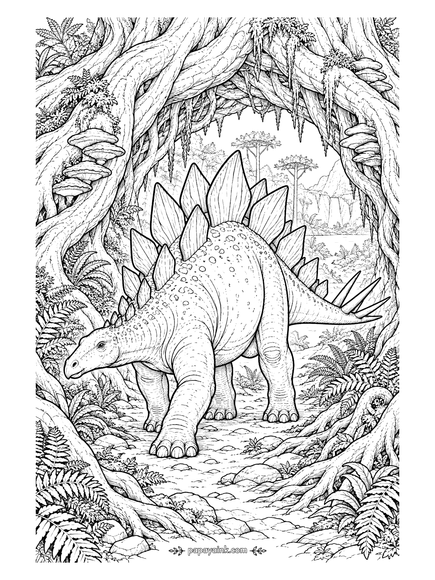 Stegosaurus Coloring Pages - Stegosaurus coloring page with the dinosaur stepping through an arch of giant twisted tree roots, with shelf mushrooms, hanging moss, and ferns all around. Detailed.