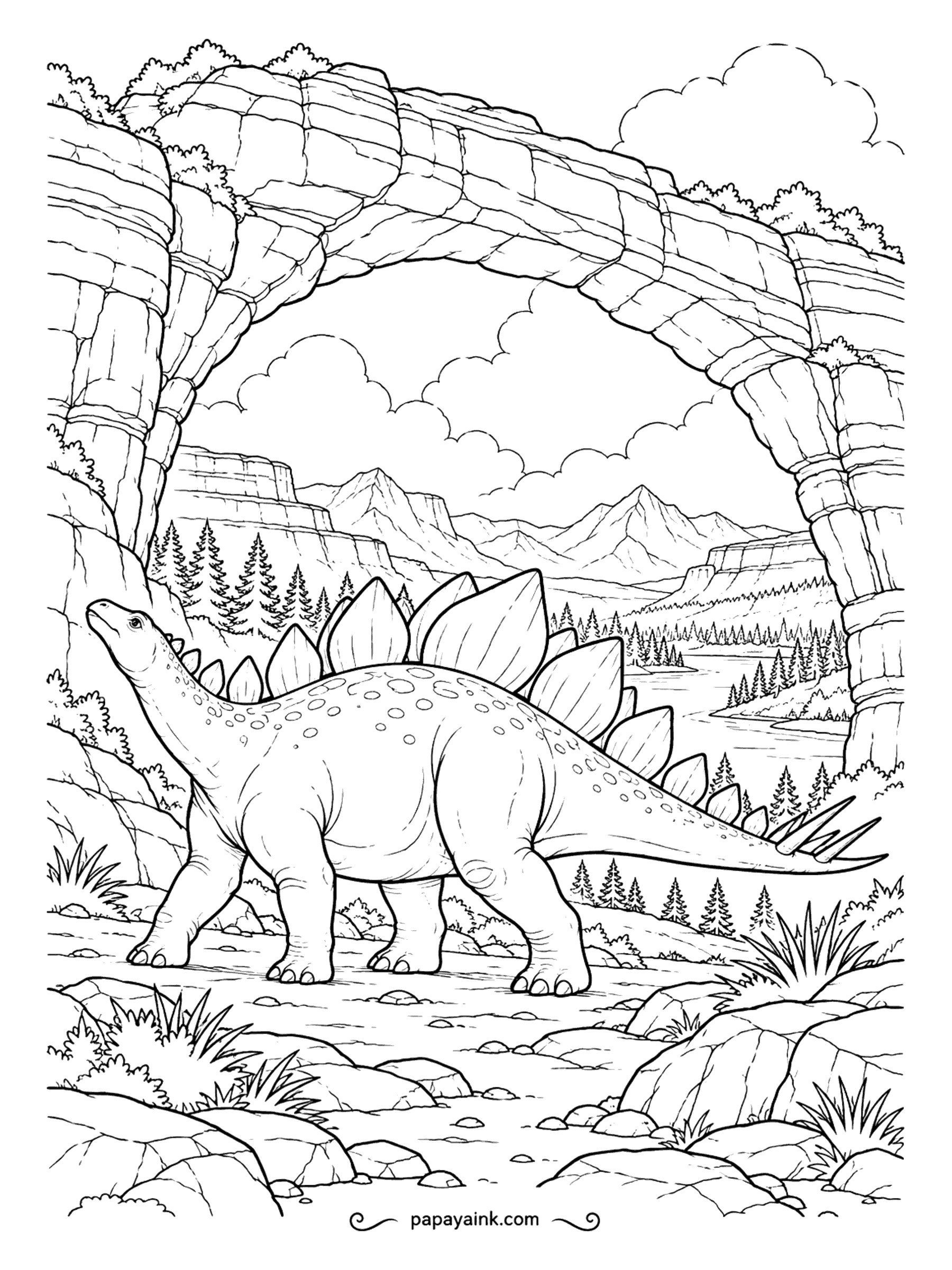 Stegosaurus Coloring Pages - Under a natural stone arch, the stegosaurus stops and looks up. Through the opening lie pine forest, mesas and a lake - wind and water carved the arch over thousands of years. Layered rock in warm reds and tans.
