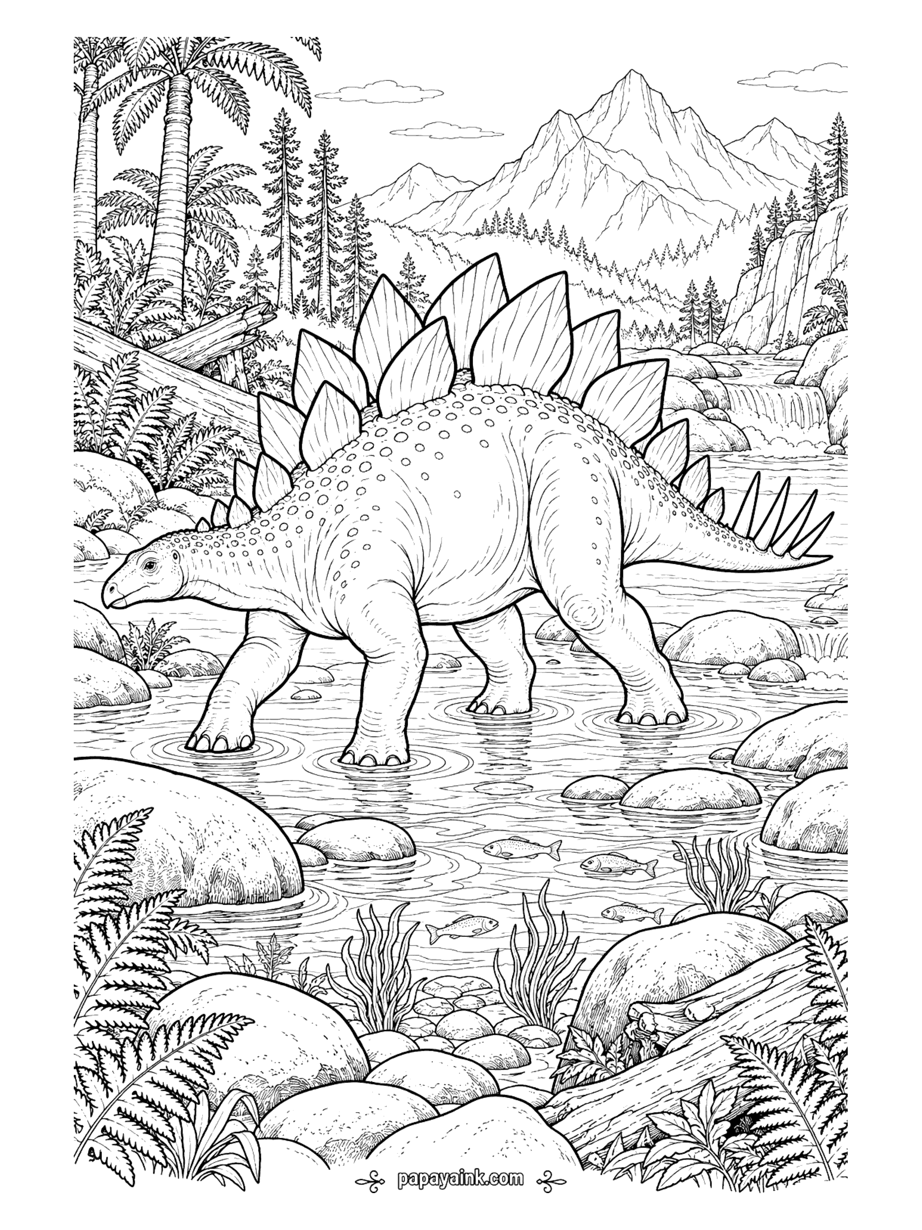 Stegosaurus Coloring Pages - Stegosaurus wading across a shallow mountain stream full of fish and smooth boulders, with a small waterfall and snowy peaks behind. Detailed.