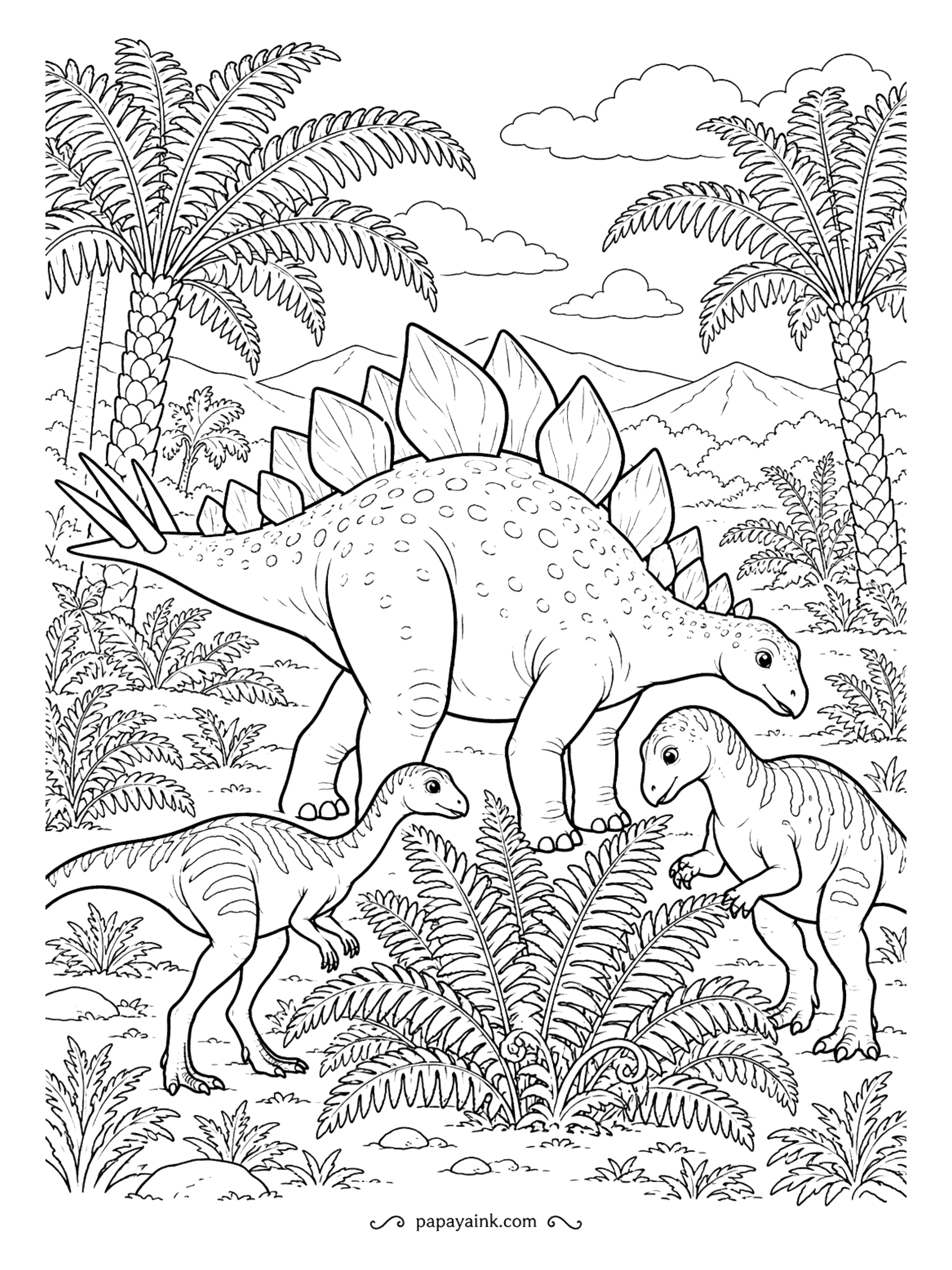 Stegosaurus Coloring Pages - The big one in the middle, two little bipedal friends crowding in at the front, tree ferns all around. Plenty of room to give each dinosaur its own color - try olive, rust and sandy yellow so they read apart.