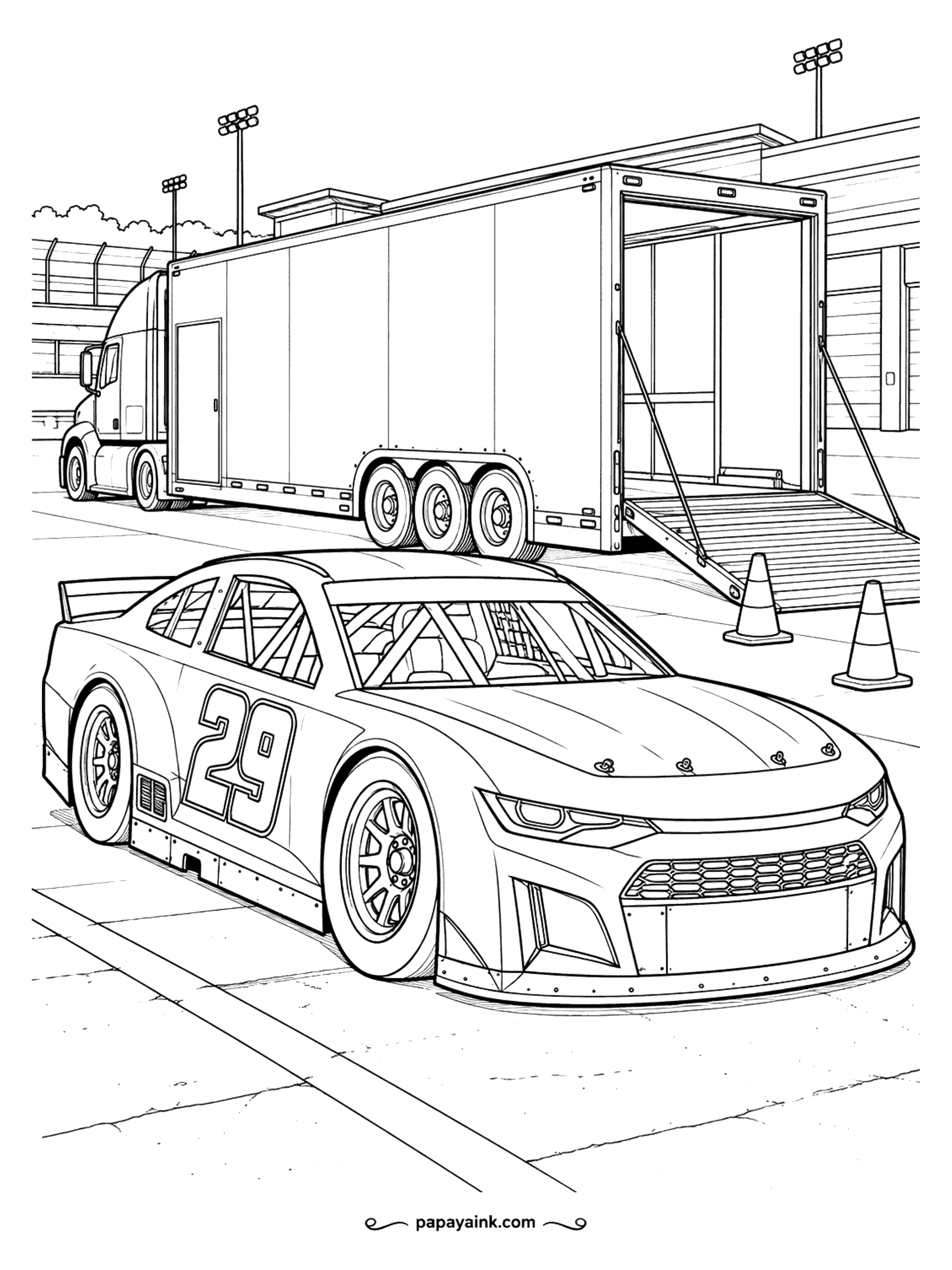 Race Car Coloring Pages - Race day starts in the parking lot. The team hauler has its ramp down, and stock car 29 has just rolled off onto the paddock, cones set out beside the trailer. Detailed truck and grille - a page for patient hands.