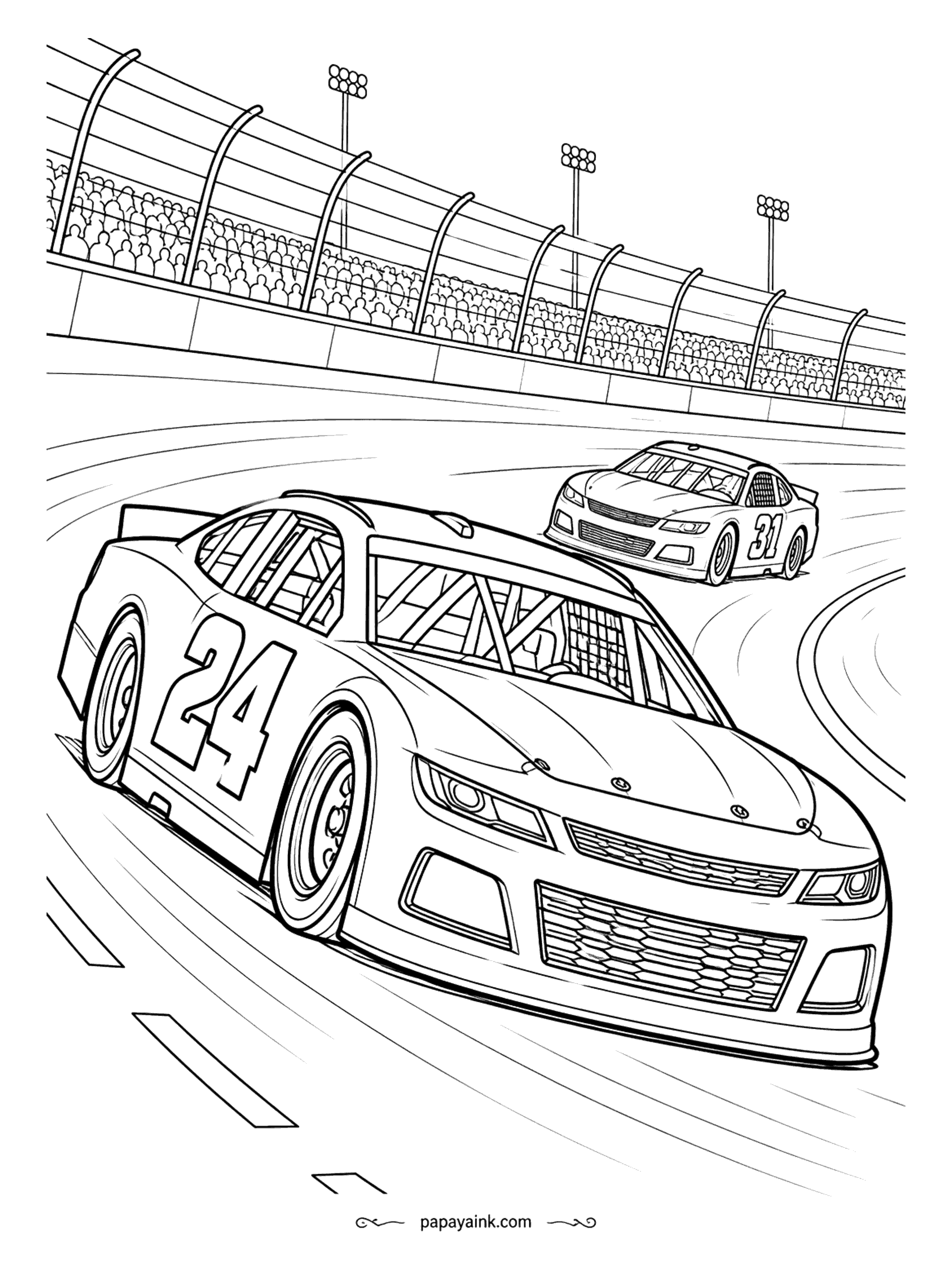 Race Car Coloring Pages - Car 24 leads into the banking with 31 tucked in close behind - stock car racing at its most crowded. Light towers stand over a packed grandstand. Paint the two cars in rival schemes and pick a side.