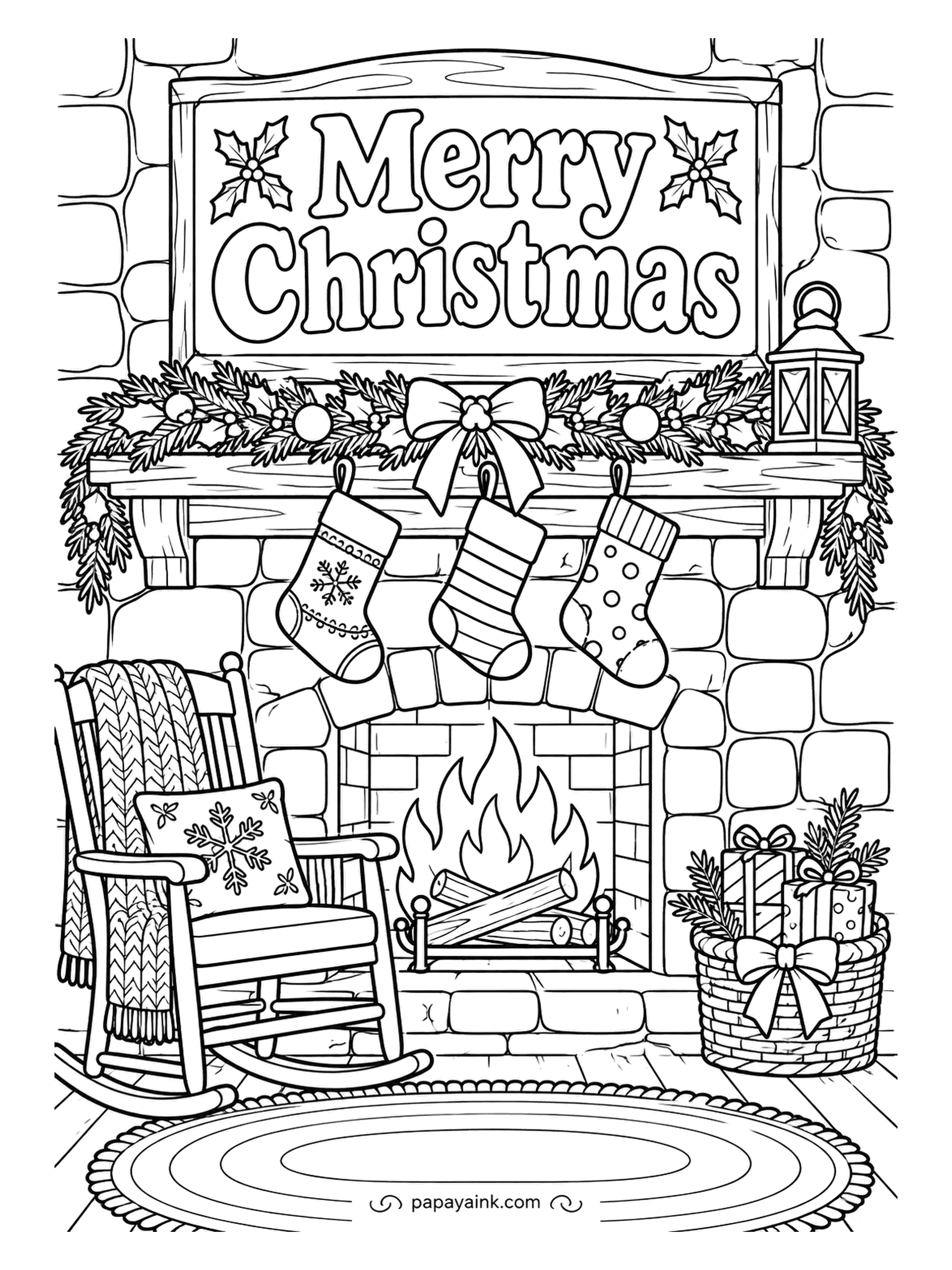 Merry Christmas Coloring Pages - Stockings up, fire going for hours, and a rocking chair with a knitted throw and a snowflake cushion pulled close. The greeting hangs framed above the mantel. Detailed - vary the stones a little so the wall looks hand-built.
