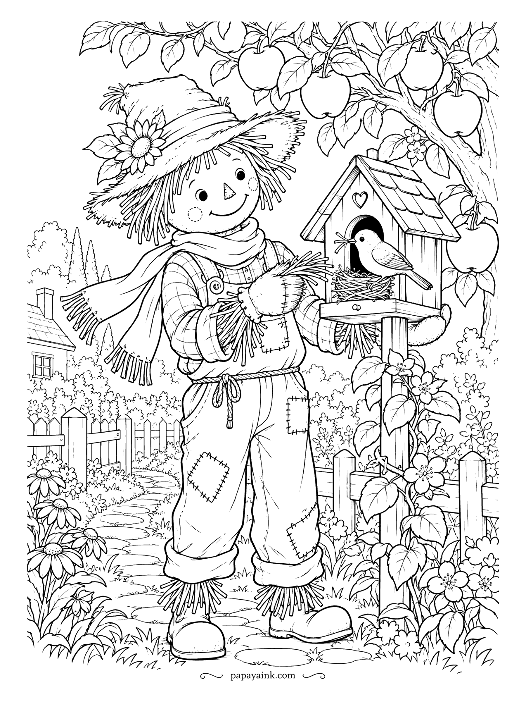 Scarecrow Coloring Pages - Nesting season, and the scarecrow is doing the landlord's job: he brings a fistful of straw to the birdhouse while the tenant waits on its porch beside a half-built nest. Apple branches, a cottage and a stone path fill the rest. Detailed.