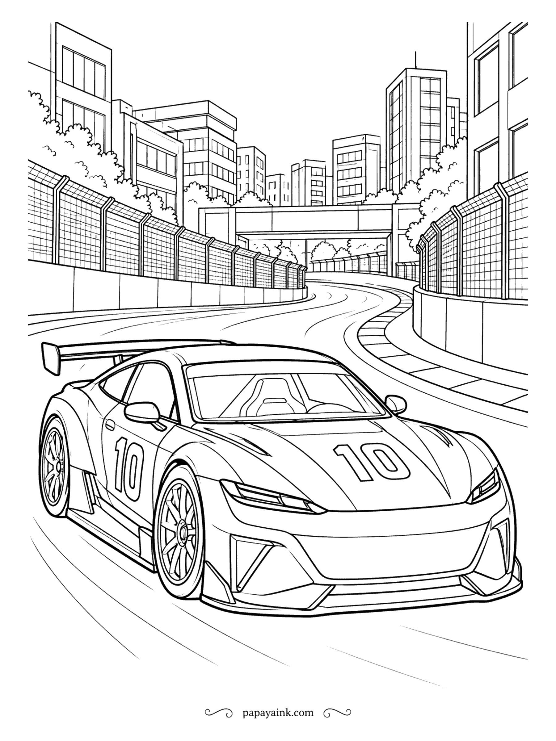 Race Car Coloring Pages - Street circuits borrow city roads for a weekend and wrap them in catch fencing. Car 10 threads between concrete walls under office blocks and an overpass. Fill the buildings in one color family so the car stands out.